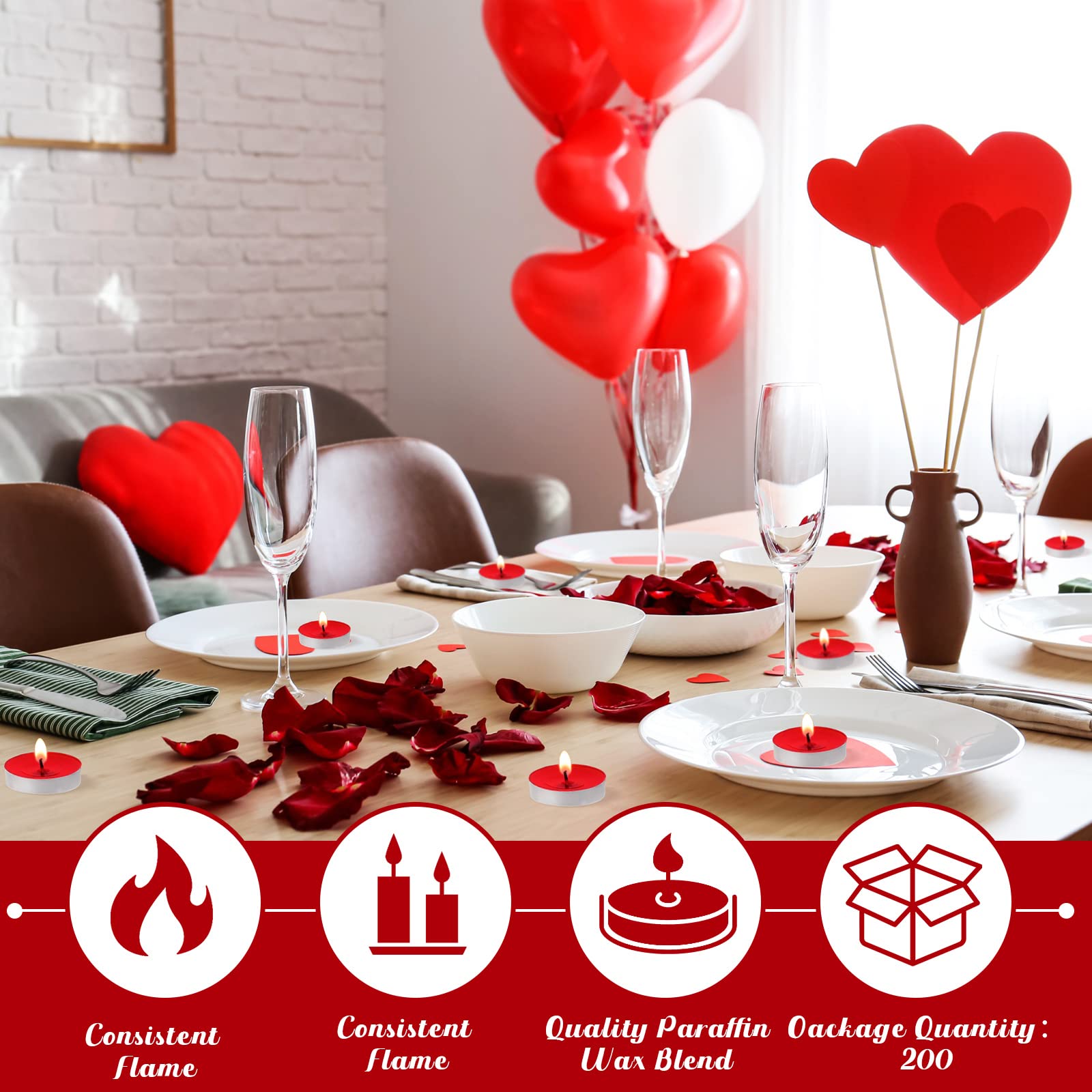 200 Pcs Smokeless Tealight Candles for Wedding, Party & Home Decor - Red