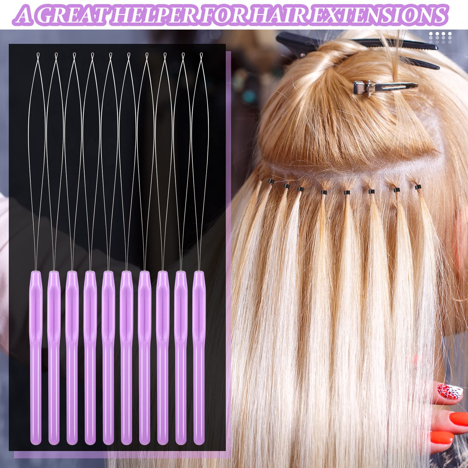 10 Pieces Hair Extension Loop Needle Threader & Bead Tool Set - Purple | Professional Hair & Feather Extension Hook for Easy Installation | Perfect for Salons, DIY Styling & Cosplay Accessories
