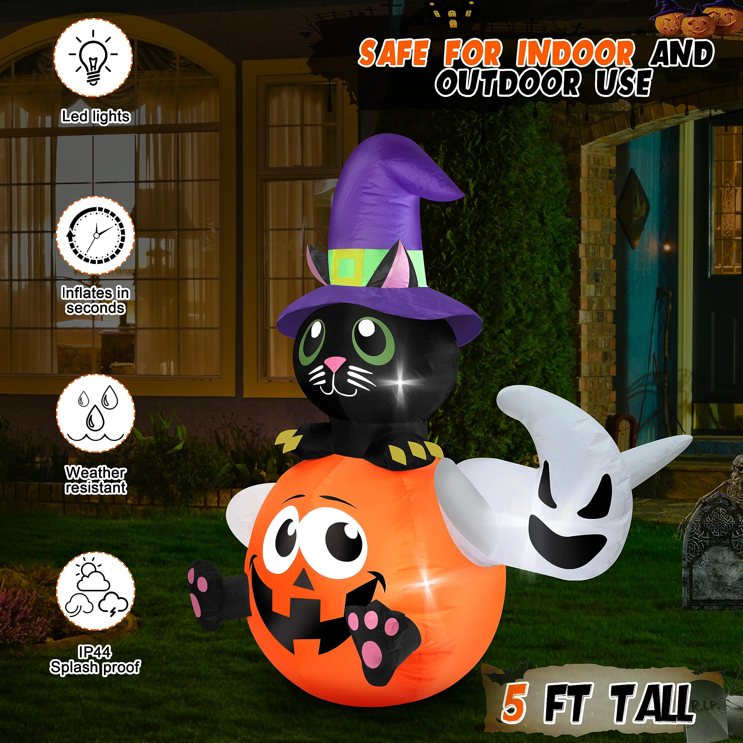 5 FT Halloween Inflatable Pumpkin & Witch Cat Yard Decoration with Built-in LED Lights - Indoor/Outdoor Halloween Decor for Porch, Lawn, Garden Party (HMCQ001)