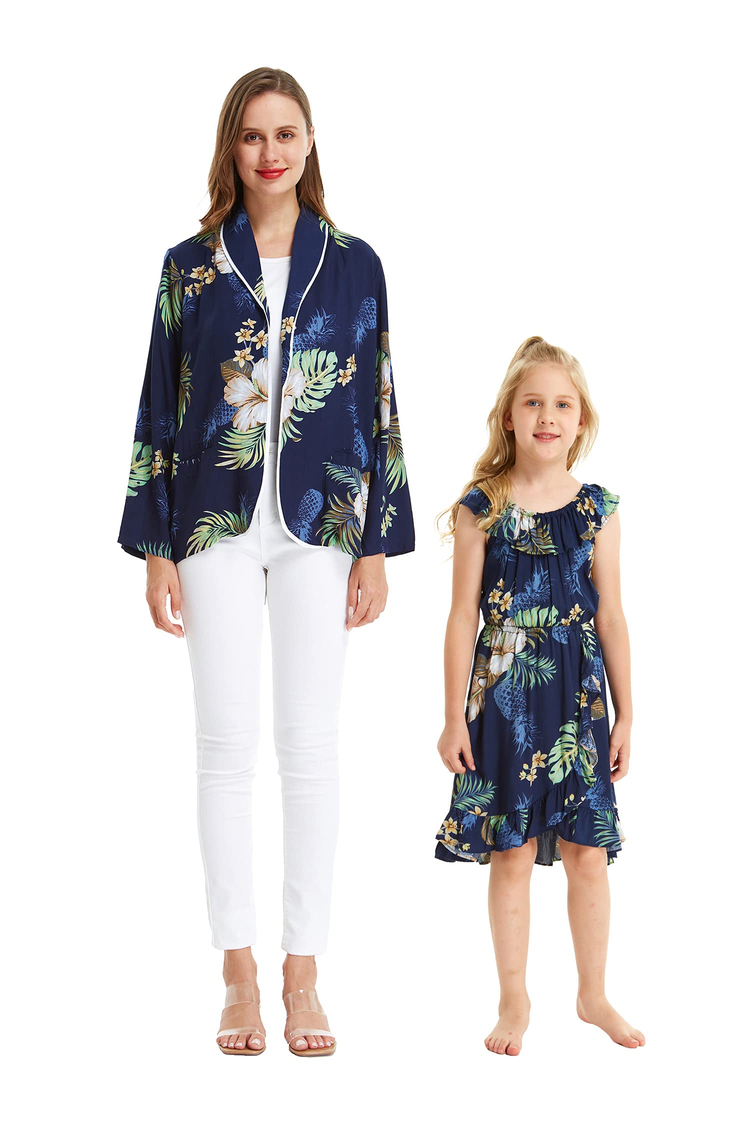 Stylish Hawaiian Luau Matching Mother Daughter Jacket & Wrap Dress - Pineapple Garden Navy Print for Beach Parties, Family Photos & Tropical Vacations