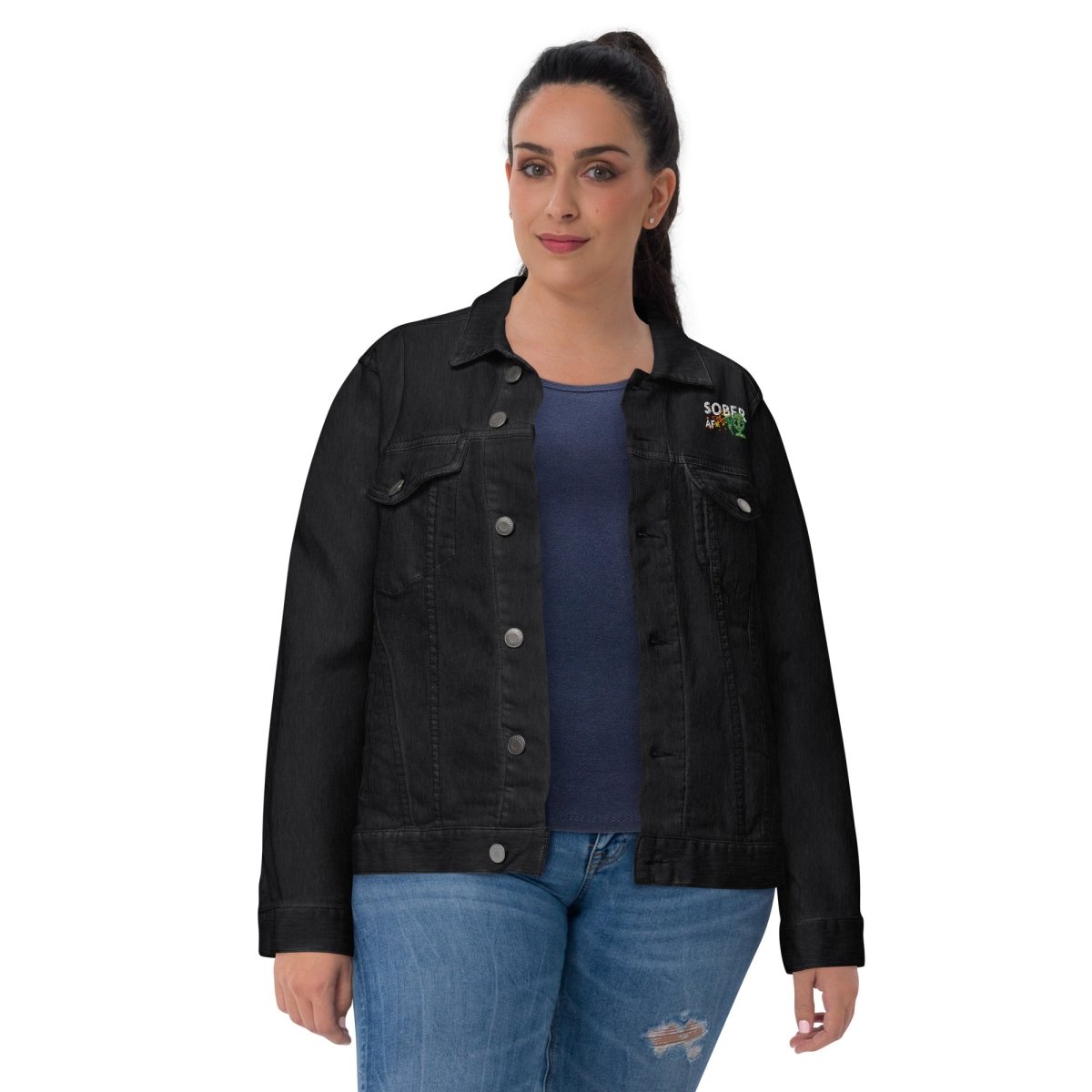Galactic Sobriety Embroidered Denim Jacket for Men & Women - Vintage Distressed Denim Trucker Jacket with Unique Star Embroidery - Perfect for Casual Outfits, Music Festivals and Streetwear Fashion