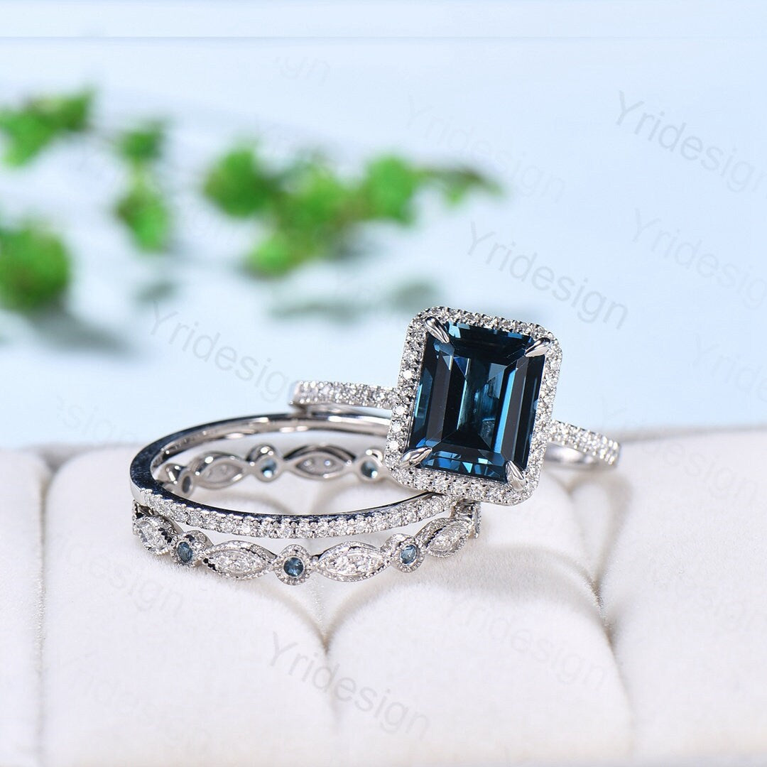 14K White Gold London Blue Topaz Emerald Cut Engagement Ring with Halo Diamonds - Art Deco Bridal Wedding Ring Set for Women, Perfect for Proposals, Anniversaries & Special Occasions