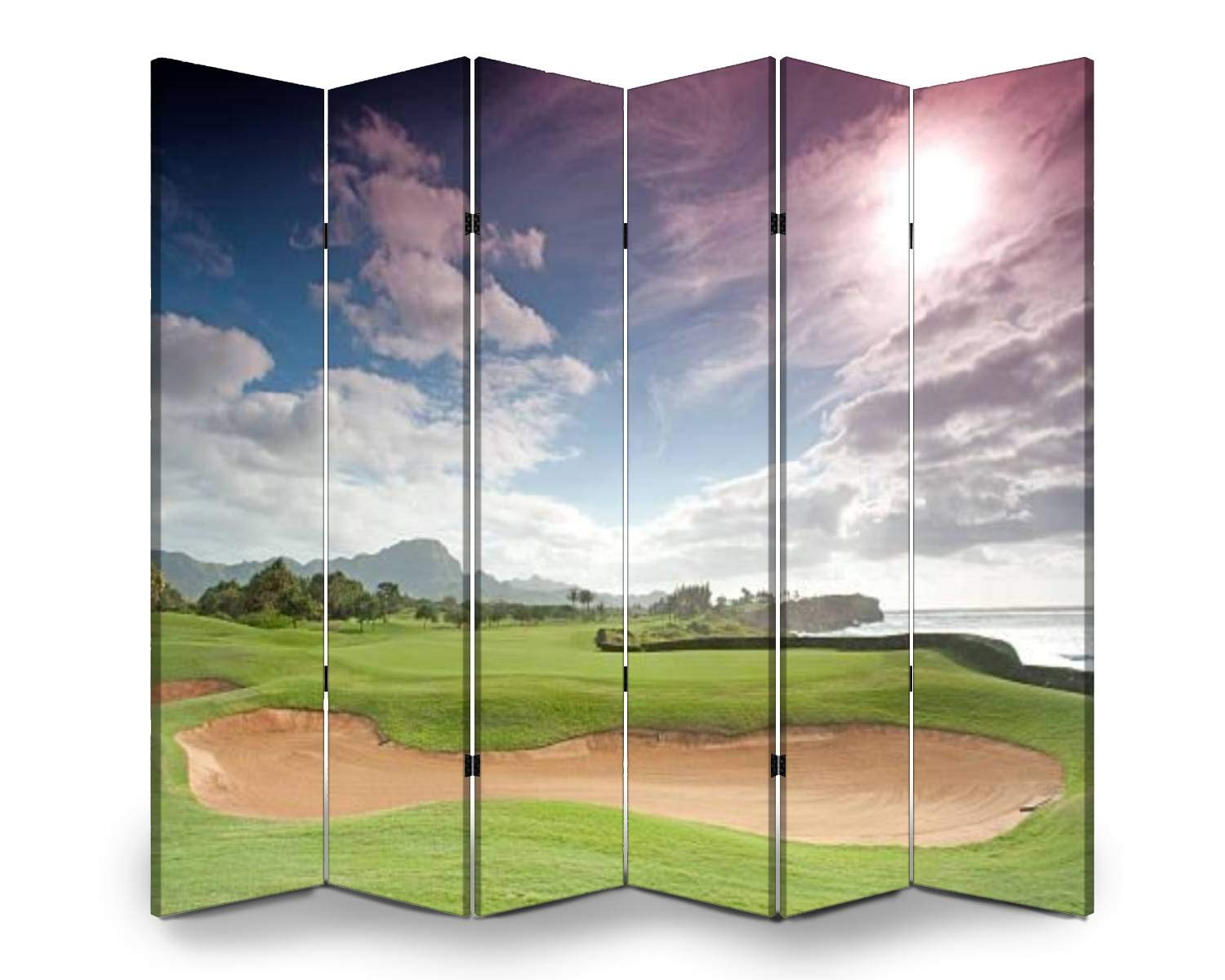 6-Panel Wooden Room Divider with Scenic Hawaii Golf Course Print - Folding Privacy Screen, Dual-Sided Canvas Partition for Home & Office Decor | Perfect for Living Rooms, Bedrooms, and Studio Spaces