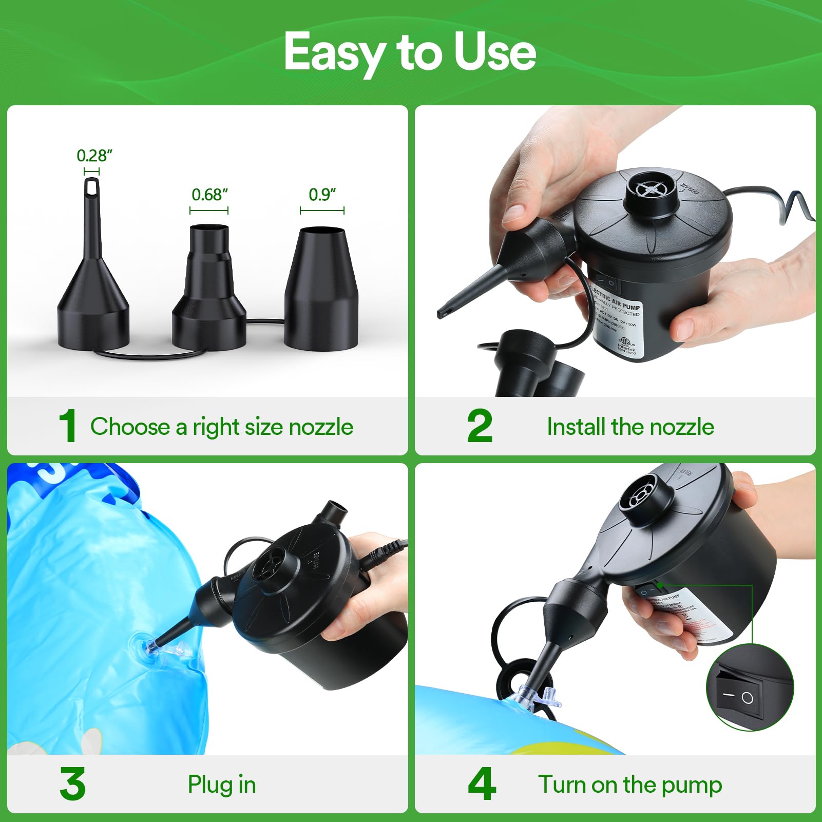 **PULIDIKI 50W Electric Air Pump for Inflatables - Portable Quick Inflator/Deflator with 3 Nozzles - Ideal for Air Mattress, Air Sofa, Pool Toys - Perfect for Camping, Travel & Home Use (AC/DC Power)**