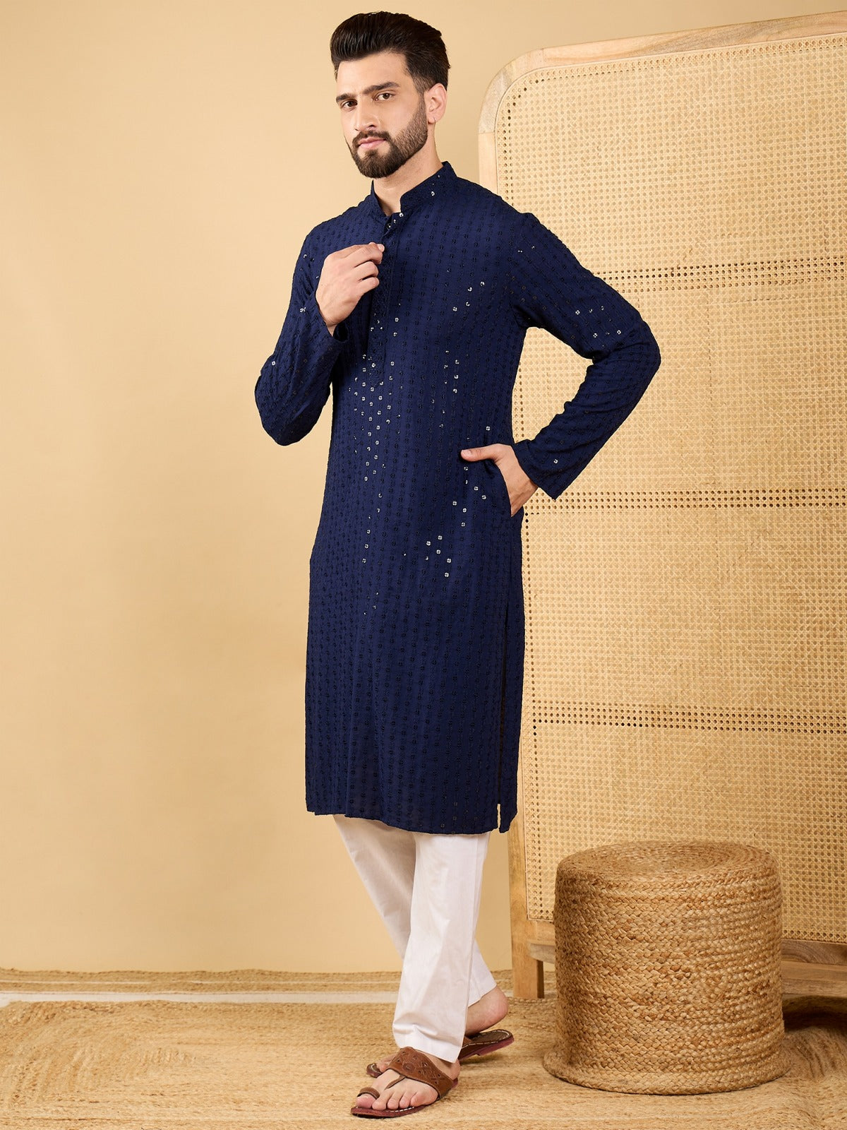 Men's Chikankari Kurta - Dark Blue Traditional Indian Embroidered Tunic for Casual Wear, Festivals & Ethnic Events