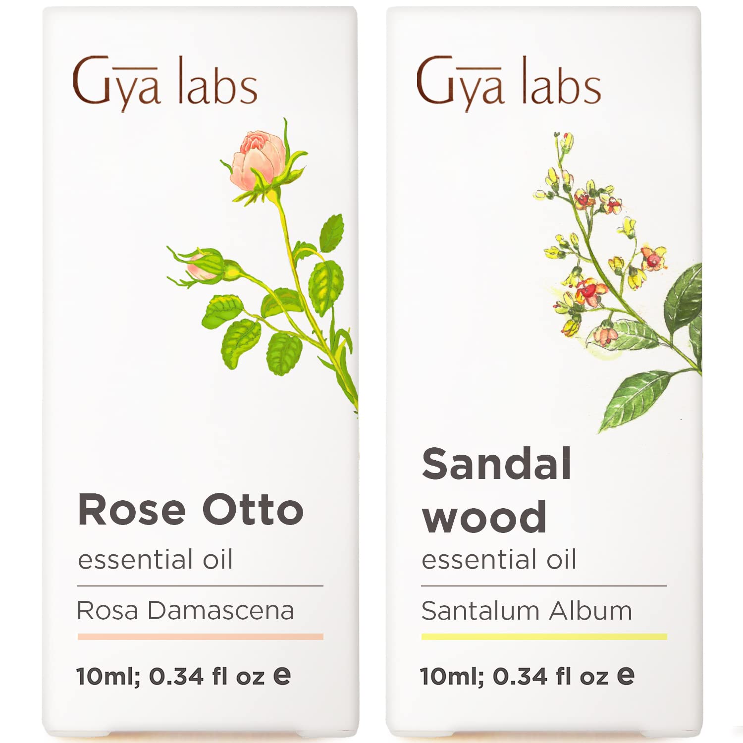 100% Pure Rose & Sandalwood Essential Oils Set - 2x0.34 fl oz Natural Aromatherapy Oils for Skin Care & Diffuser - Gya Labs | Perfect for Relaxation, Massage & Home Fragrance