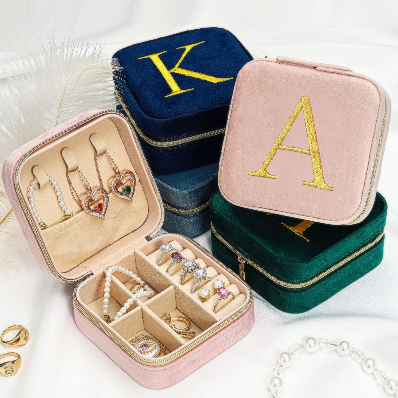 Parima Velvet Travel Jewelry Box for Women - Small Plush Jewelry Organizer with Monogram Initial, Personalized Gift for Her | Perfect for Vacation, Business Trips & Bridal Accessories Storage