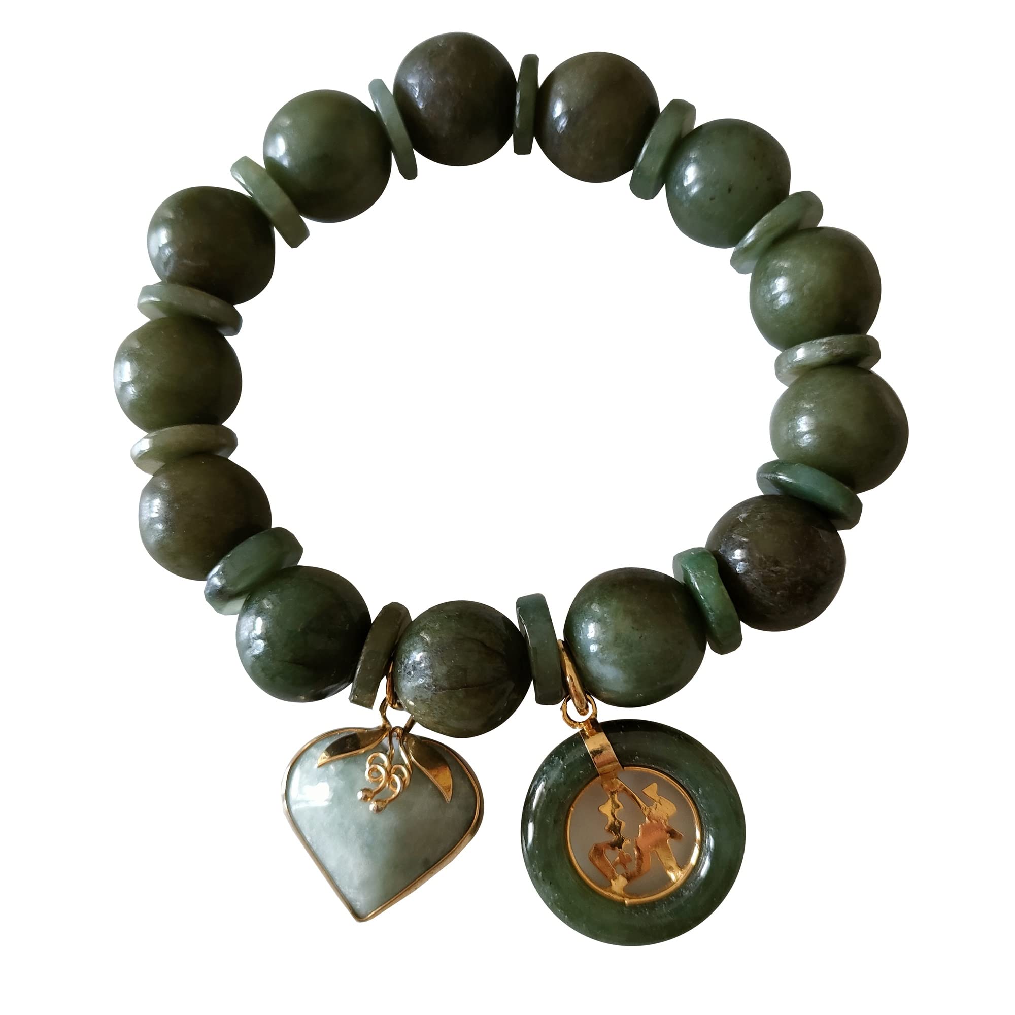 14mm Round Jade Bracelet for Women - Genuine Healing Gemstone with Heart & Coin Pendant - Lucky Money & Success Charm - Adjustable 6.75 Inch for Plus Size - Perfect for Meditation, Gifts & Positive Energy