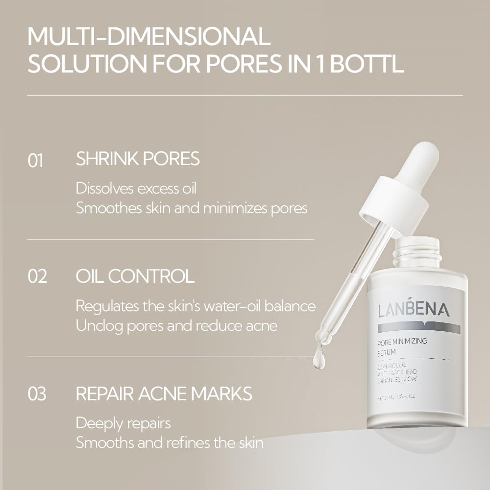 LANBENA Pore Minimizer Serum 2.0 - Facial Essence for Shrinking Pores, Oil Control & Moisturizing | Skin Care Treatment for Dryness Relief & Firming | 30ML | Perfect for Post-Blackhead Removal & Daily Skincare Routine