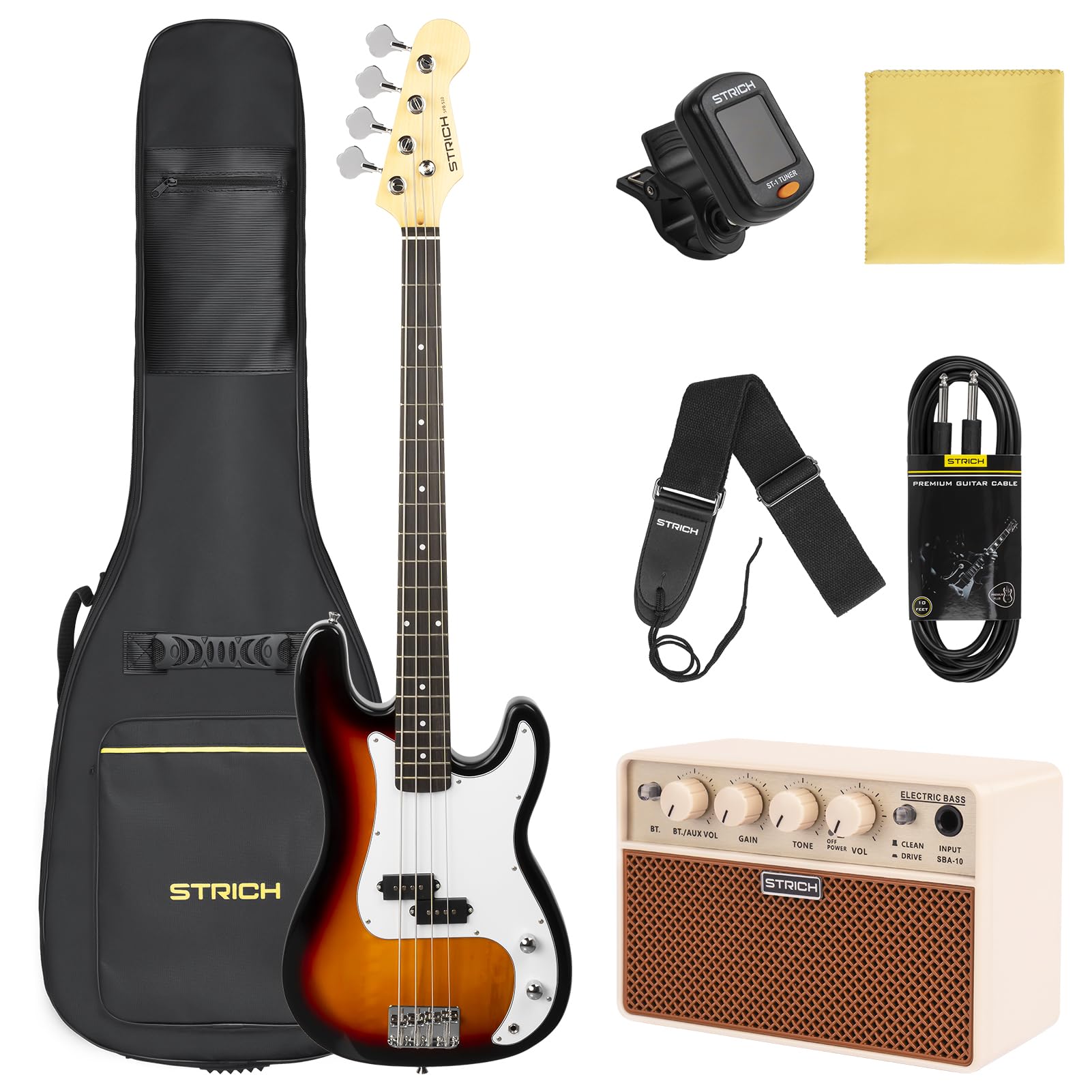 STRICH 4-String Electric Bass Guitar Full Size Beginner Kit - PB-Style Standard Bass with 20W Amp, Gig Bag, Tuner, Strap & Cable (SPB-S10 Sunburst) - Perfect for Beginners, Practice Sessions & Live Performances