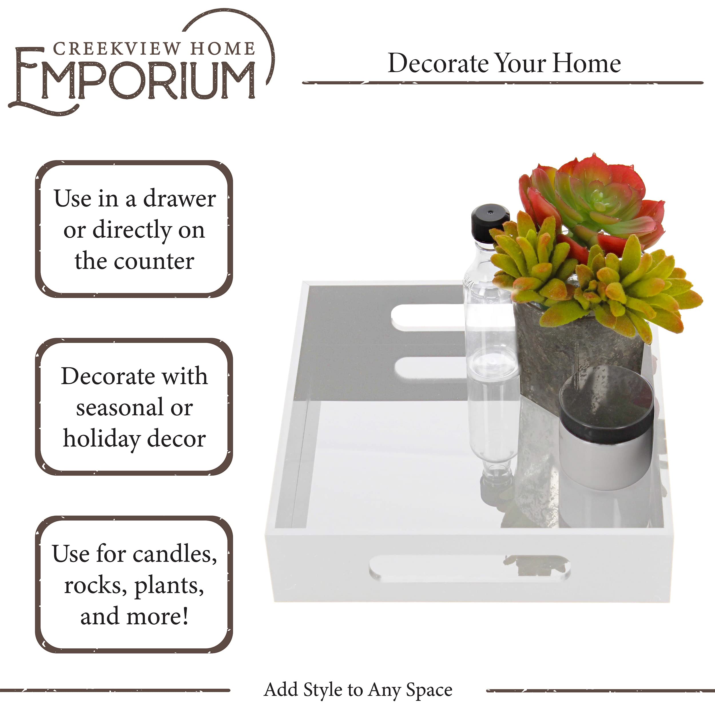 White Acrylic Vanity Tray with Handles - 8x8 Inch Square Decorative Organizer for Makeup, Jewelry & Bathroom Essentials - Perfect for Dressing Table, Countertop & Home Decor