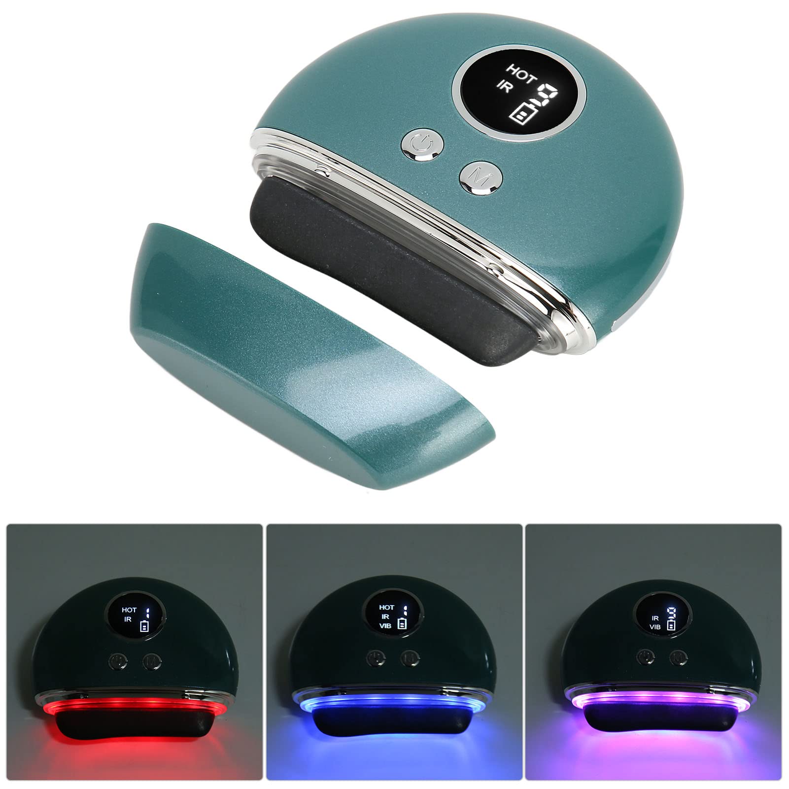 Electric Gua Sha Tool for Face & Body - Heated Bian Stone Massager with Vibration & Color Light Therapy - Green | Skin Tightening, Relaxation & Pain Relief for Home & Spa Use