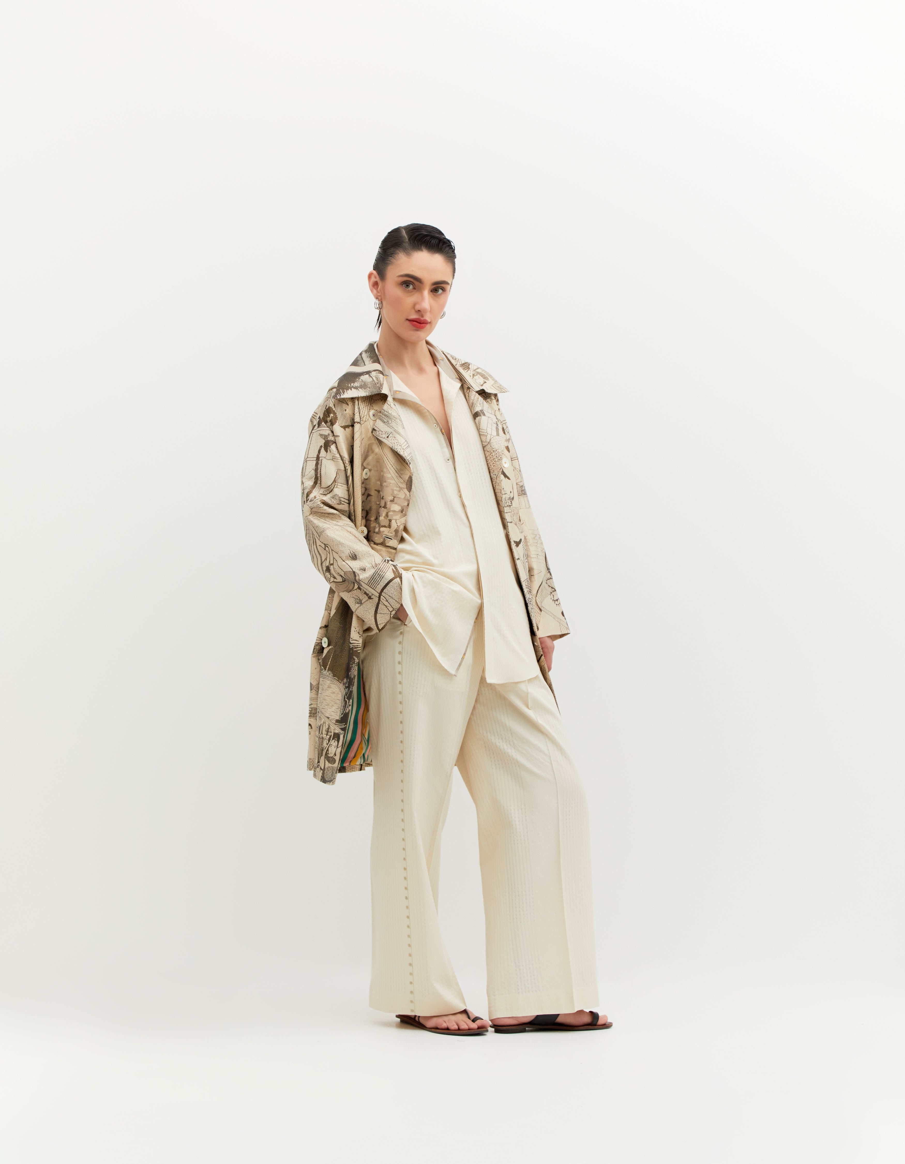 SD Leap Trench Coat - Elegant Silk Brocade in Black & White - Perfect for Business Meetings & Formal Events