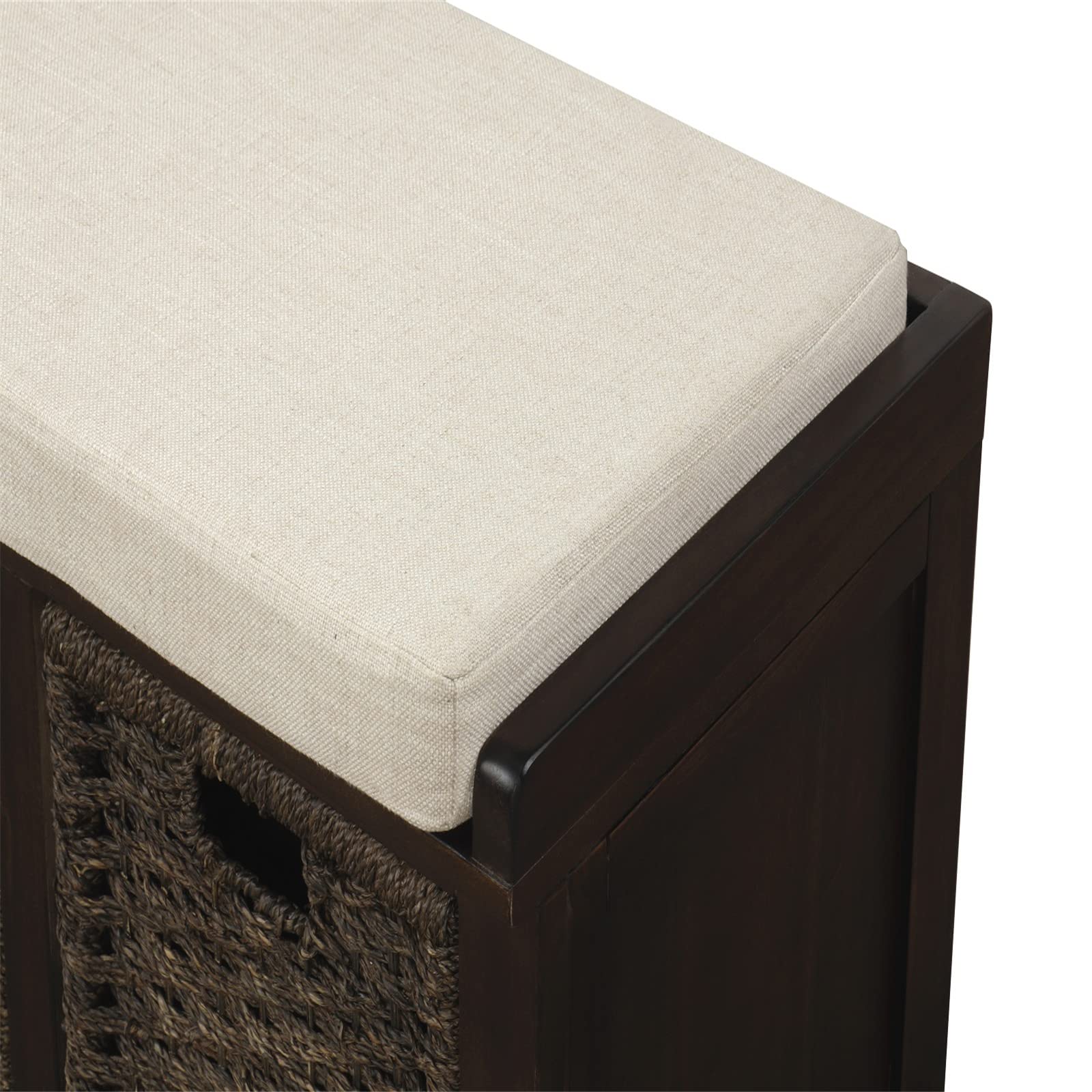 VERYKE Entryway Storage Bench with Removable Cushion & 3 Rattan Baskets - Shoe Bench with Hollow Handle for Living Room, Bedroom, Hallway (Espresso) - Perfect for Organizing Shoes, Blankets & Home Decor