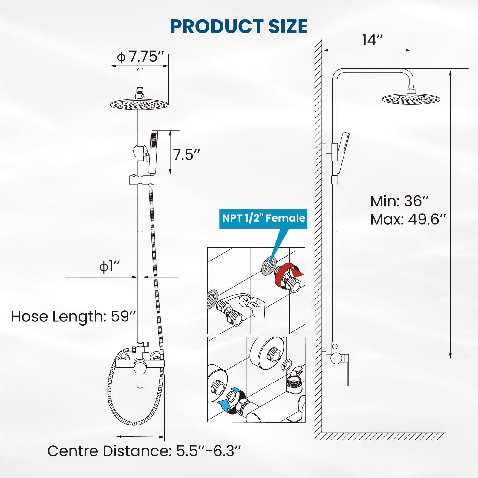 Gotonovo Outdoor Shower Faucet Set - SUS304 Stainless Steel Rainfall Shower Head with High Pressure Hand Spray, 2-Function Wall Mount System in Brushed Nickel (8 Inch) - Perfect for Patio, Poolside, and Garden Use