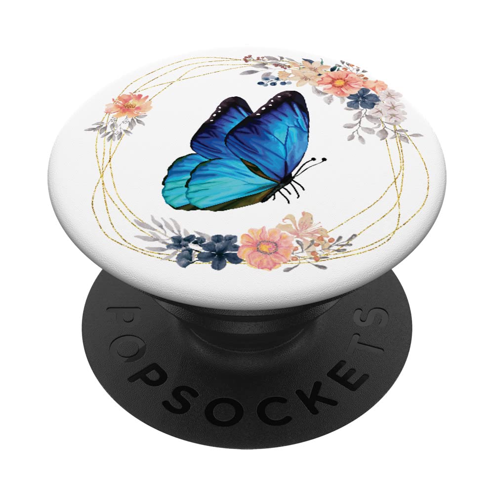 Blue Butterfly Floral Wreath PopSockets Swappable PopGrip - Phone Grip Stand for iPhone, Samsung & Smartphones | Perfect for Selfies, Videos & Secure Holding