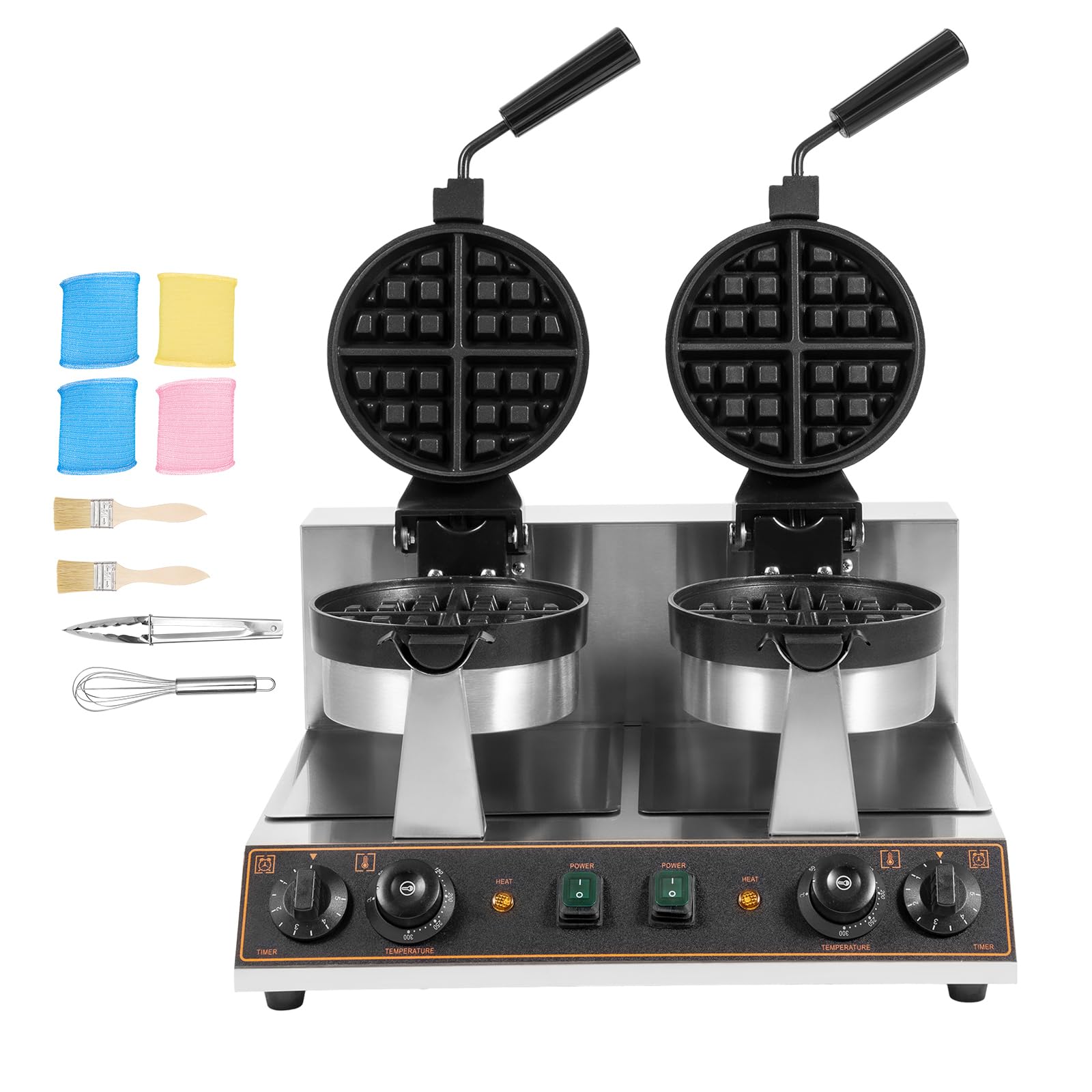 Commercial Dual-Head Rotating Non-Stick Belgian Waffle Maker - 2600W Stainless Steel Waffle Iron with Temperature & Time Control - Perfect for Restaurants, Bakeries, Cafes & Breakfast Buffets - 110V Commercial Waffle Machine for Fluffy Golden Waffles