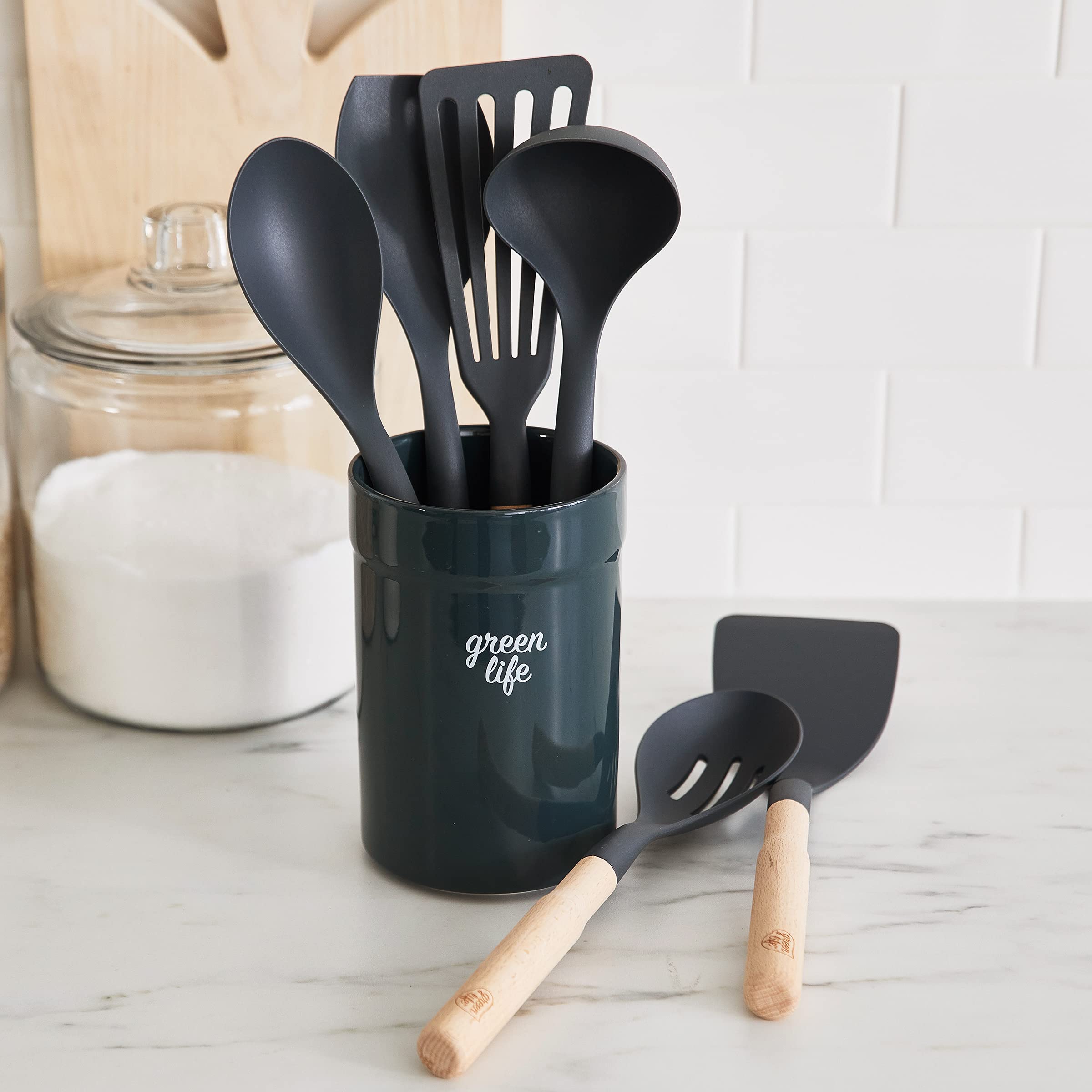 GreenLife 7-Piece Non-Toxic Kitchen Utensil Set - BPA-Free Nylon & Wooden Cooking Tools with Heat-Resistant Spatula, Spoons & Ceramic Crock Holder - Perfect for Baking, Cooking & Serving - Eco-Friendly Black Kitchen Essentials