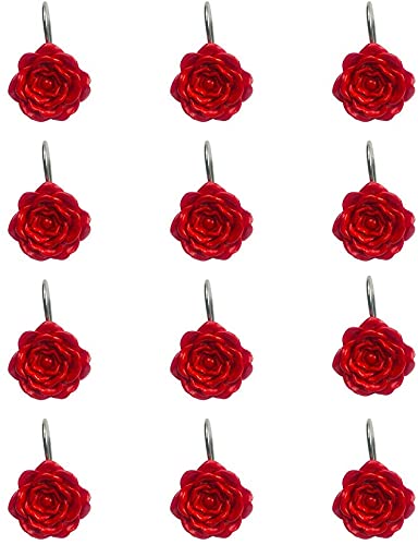 12 Pcs Rose Flower Shower Curtain Hooks - Decorative Resin Pendants with Rustproof Stainless Steel Rings for Bathroom, Bedroom & Dorm - Elegant Floral Shower Curtain Hooks for Home Decor & Gift Ideas