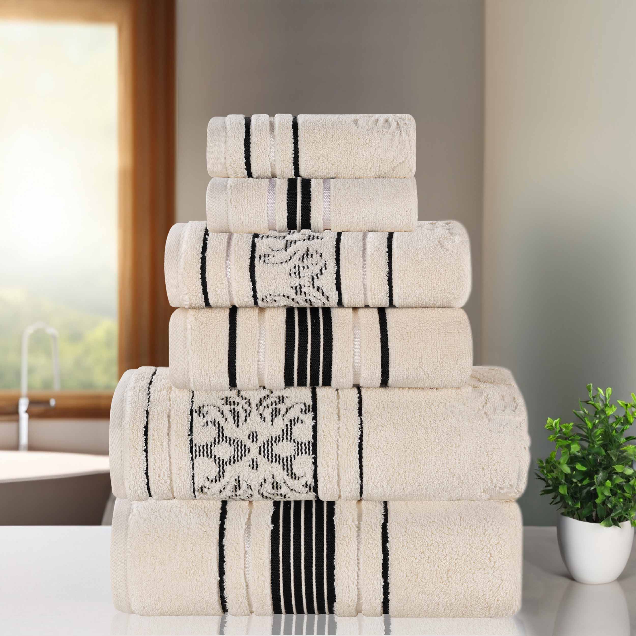 Premium 6-Piece Sadie Zero Twist Cotton Towel Set - Solid & Jacquard Floral Design | Ultra Soft & Absorbent Bath Towels for Spa, Hotel & Luxury Home Use