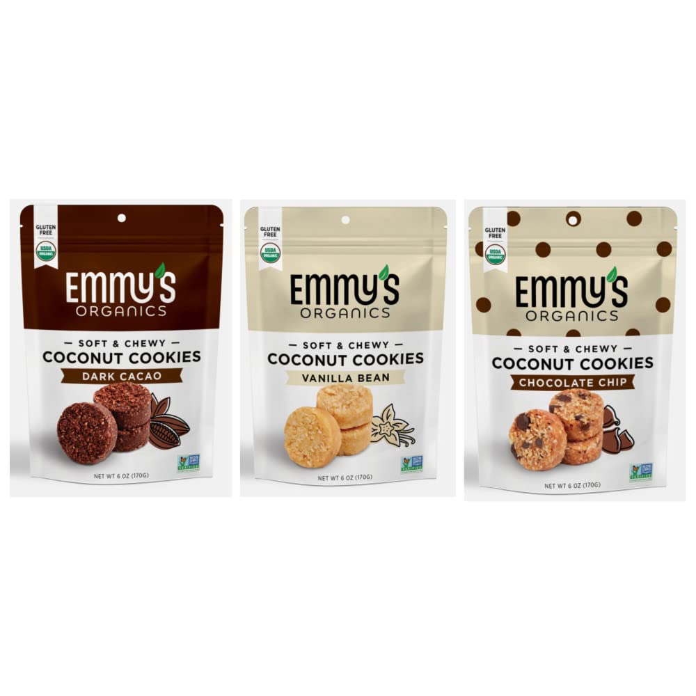 Emmy's Organics Coconut Cookies Variety Pack (3 Pack) - Gluten-Free, Vegan, Paleo, USDA Organic | Healthy Snacks for Kids, Office, Travel & Gifts