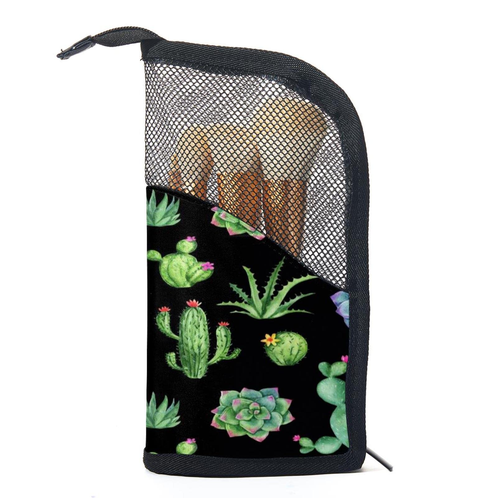 12-Piece Makeup Brush Organizer Bag with Holder Case - Green Watercolor Cactus Design | Portable Cosmetic Brush Storage for Travel & Home Use