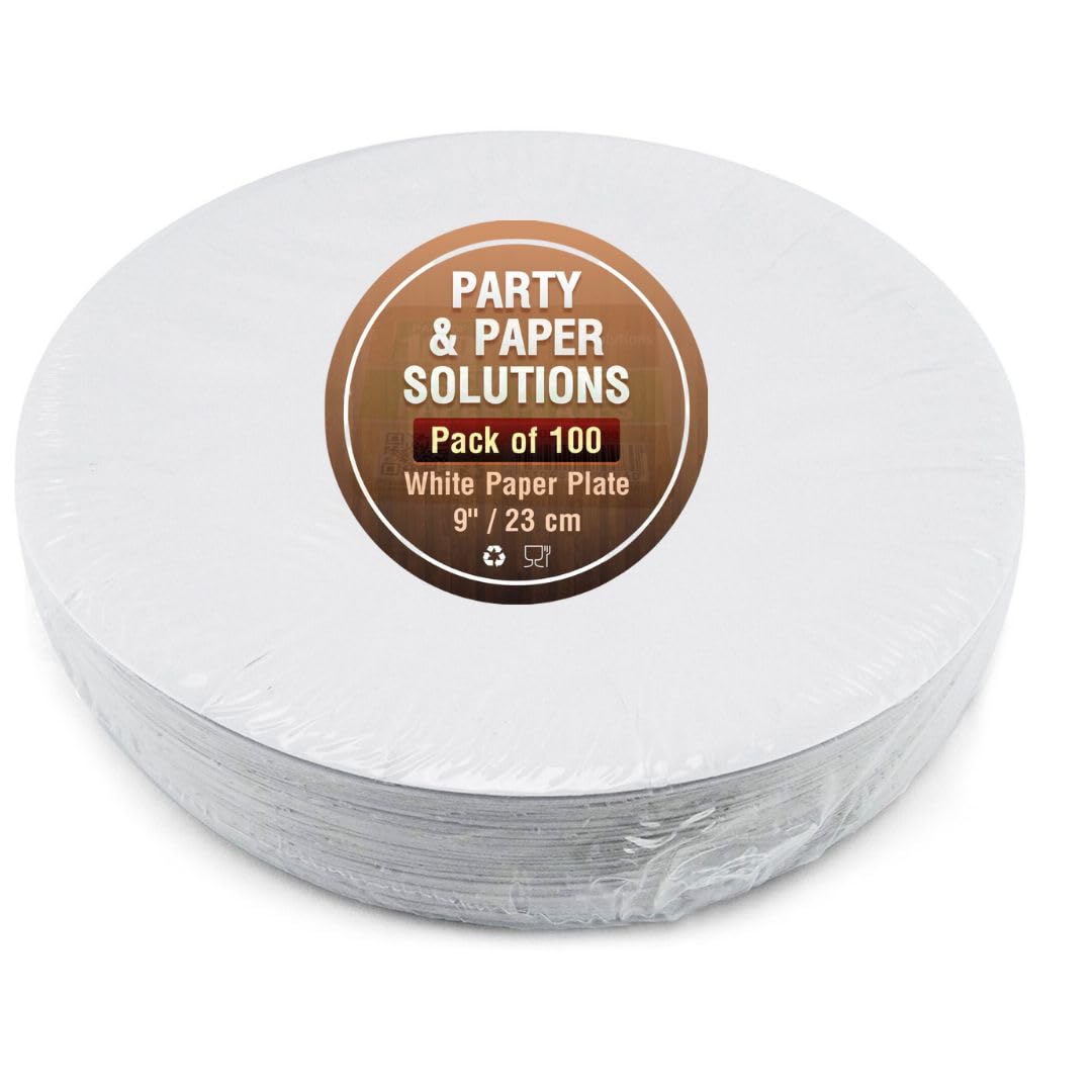 100 White Paper Plates 9 Inch (23cm) - Heavy Duty Disposable Plates for Hot & Cold Food - Perfect for Parties, Picnics, BBQs & Catering Events