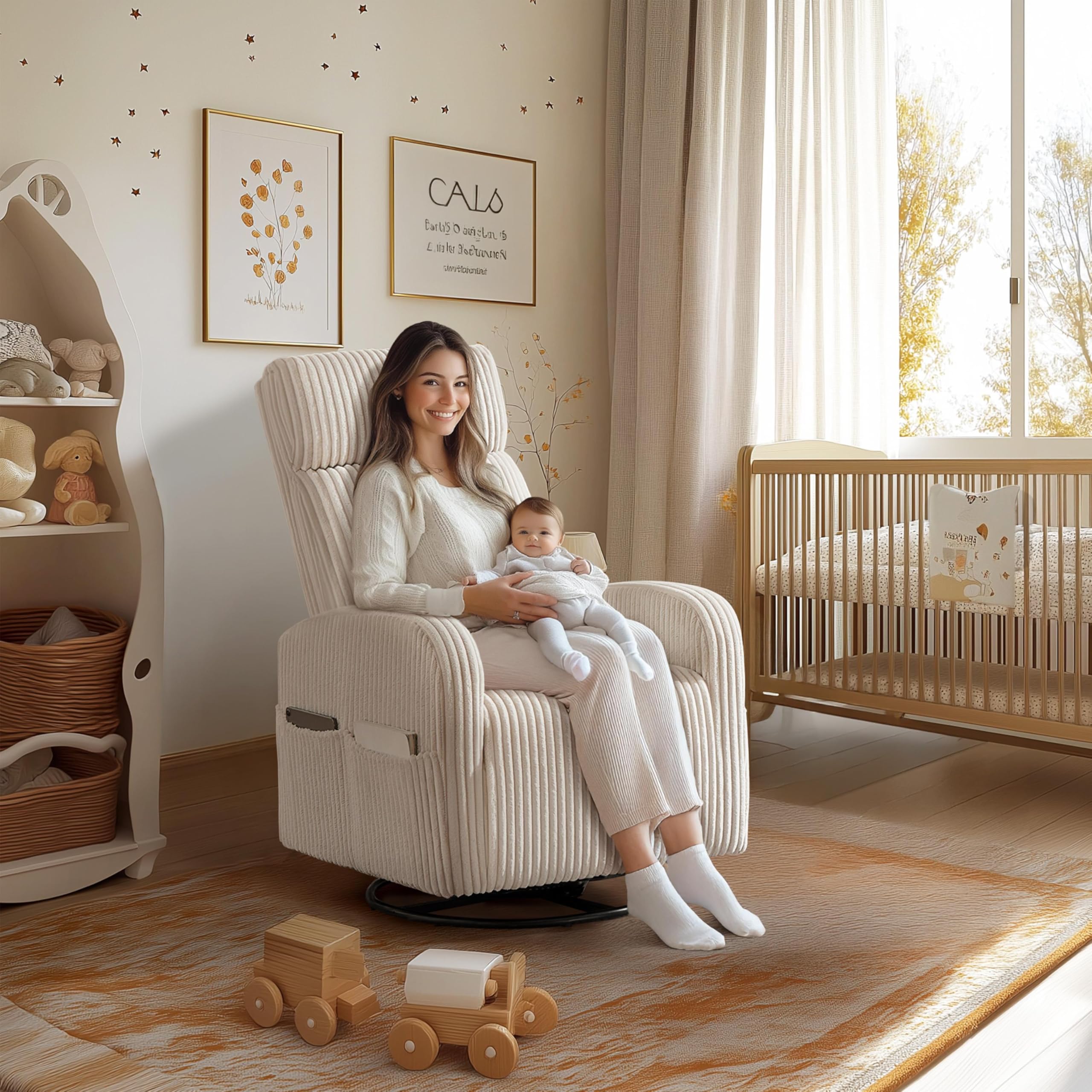 Yaheetech 360° Swivel Glider Rocking Chair - High Back Nursery Nursing Chair with Side Pockets, Soft Corduroy Upholstery, Beige - Perfect for Baby Nurseries, Living Rooms & Breastfeeding Comfort