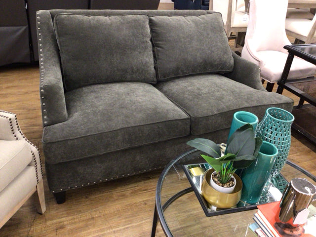 Bernhardt Furniture Grey Fabric Love Seat with Silver Nailheads - Perfect for Living Room, Lounge & Home Decor