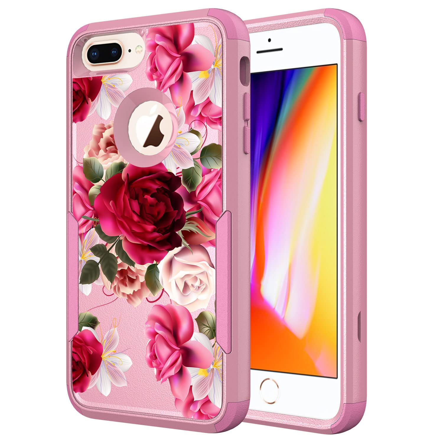 Pink Cute Heavy Duty Shockproof Protective Hard Case for Apple iPhone 8 Plus & iPhone 7 Plus - Floral Red Rose Design - Perfect for Women & Girls - Ideal for Everyday Use, Work, and Outdoor Activities
