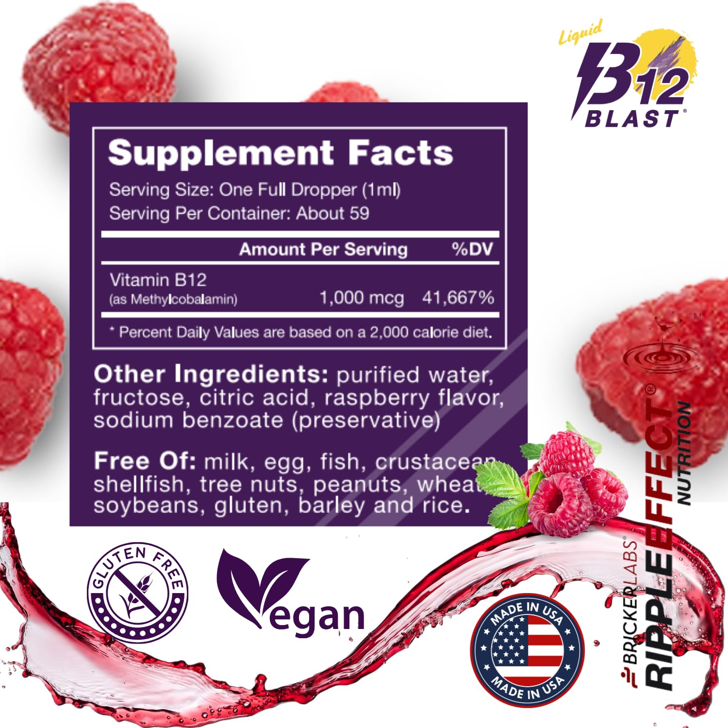 B12 Blast Methylcobalamin 1000mcg - Vegan Sublingual Liquid Energy Vitamin Supplement for Sustained Energy & Cellular Support - Great Tasting Cherry Flavor - 59 Day Supply - Boost Energy for Workouts, Focus & Daily Activities