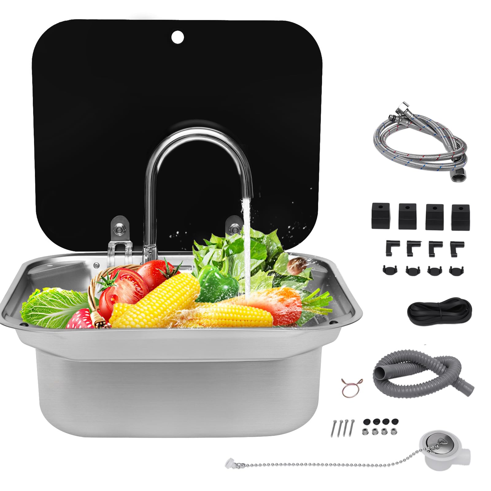 Stainless Steel RV Kitchen Sink with Folding Faucet & Lid - 5.9
