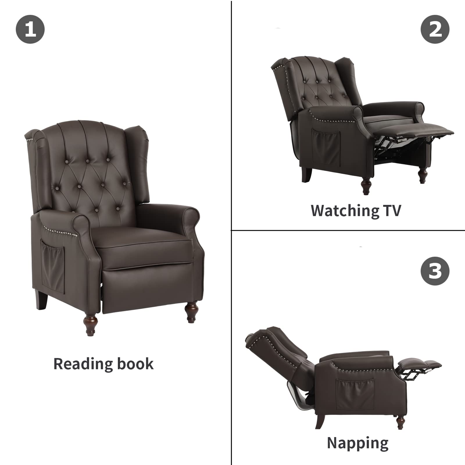 Elizabeth Vintage Style Wingback Recliner Chair - Tufted Upholstered Club Chair with Vibration Massage, Heating & Side Pockets | PU Leather Brown Living Room Accent Chair for Relaxation & Home Theater