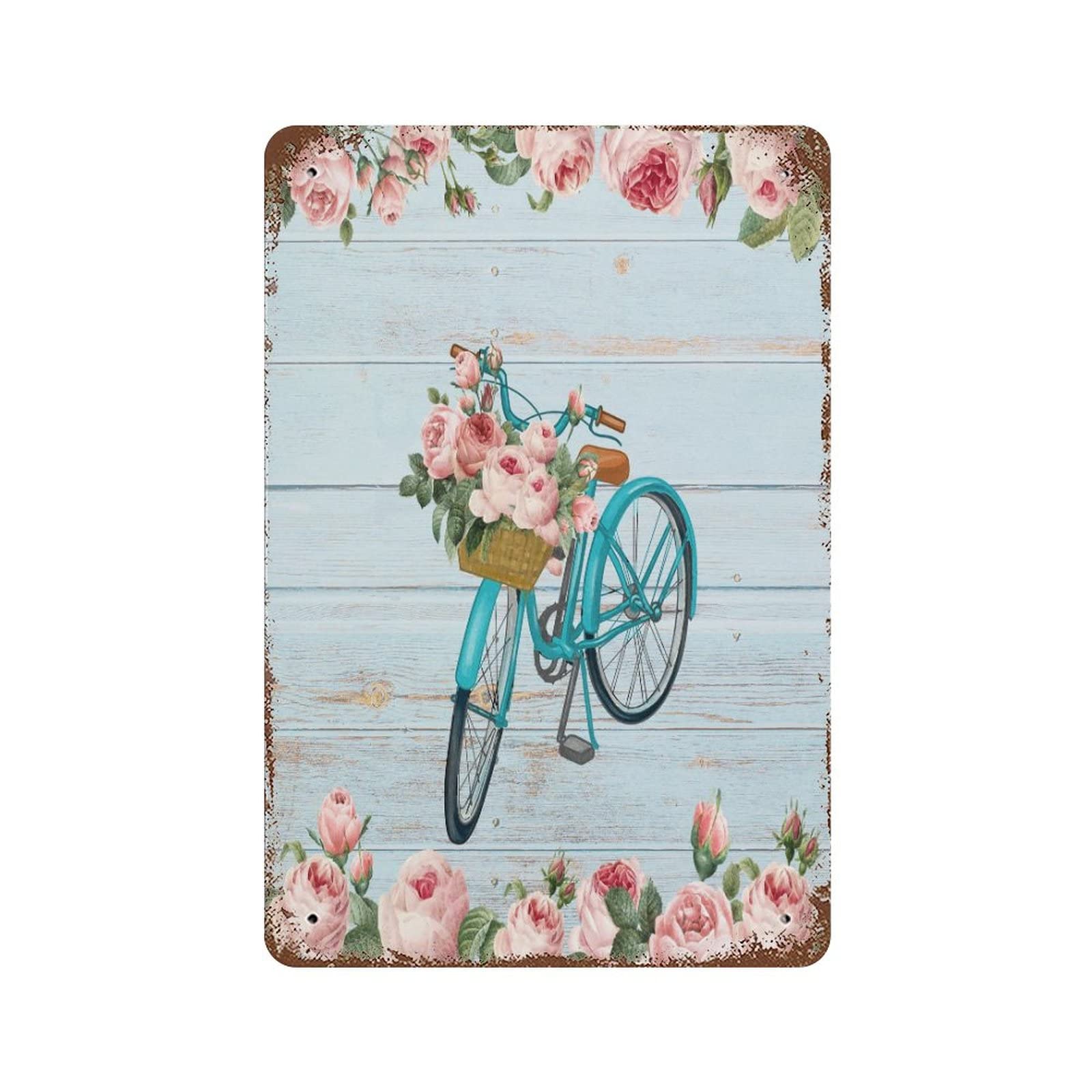 Vintage Blue Bicycle Rose Wood Grain Tin Sign - 12