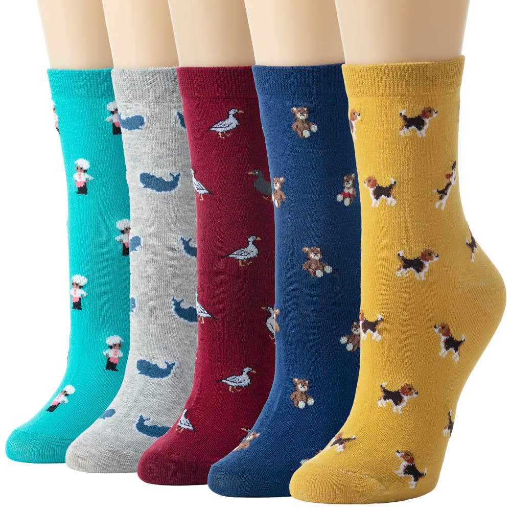 Losa Kute 5 Pairs Cute Patterned Socks - Warm Crew Socks for Women & Men - Soft Cotton Winter Socks for Daily Wear, Gifts, and Cold Weather