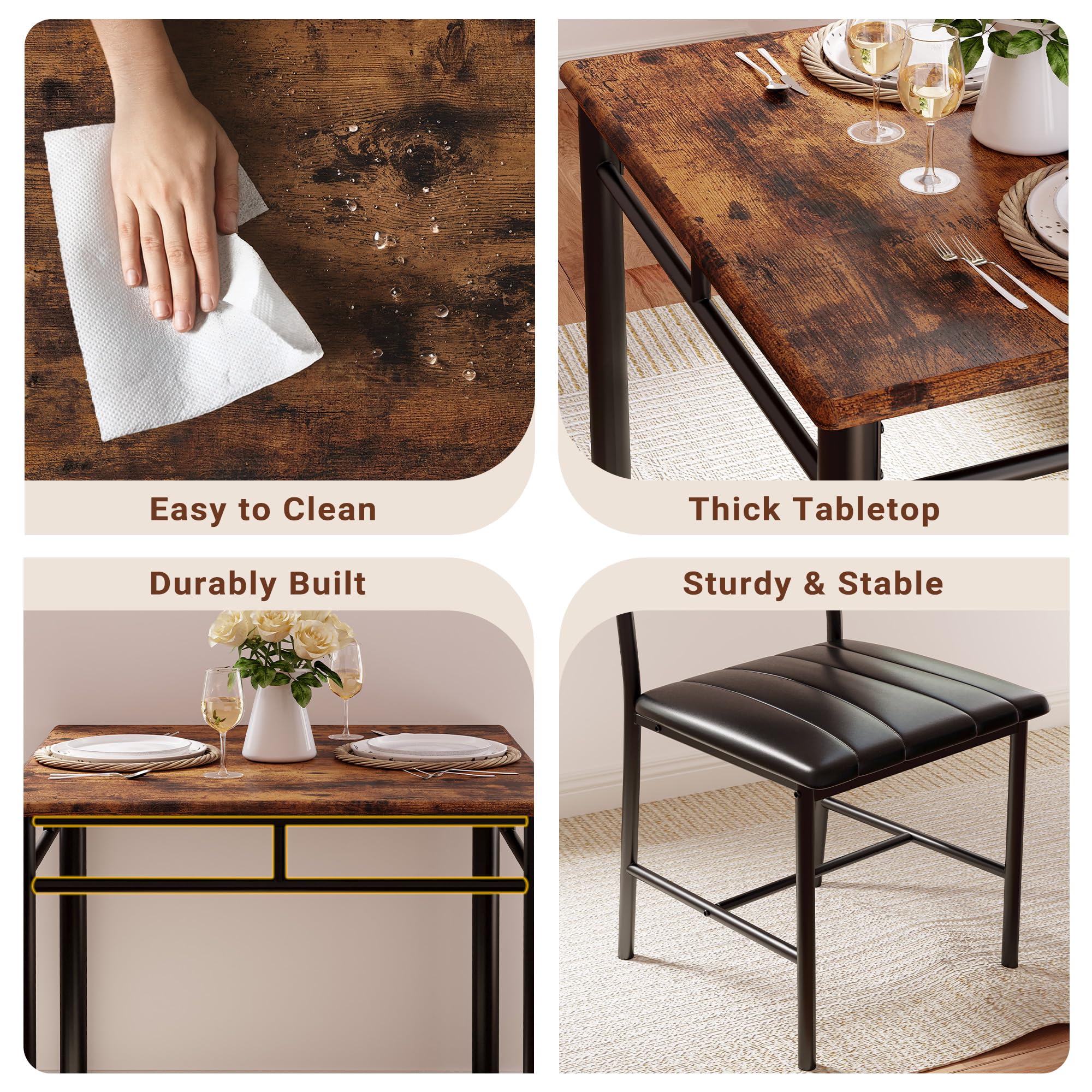 IRONCK 2-Person Dining Table Set with Upholstered Chairs - Compact Kitchen Table for Small Spaces in Rustic Brown | Perfect for Apartments, Breakfast Nooks & Cozy Dining Areas