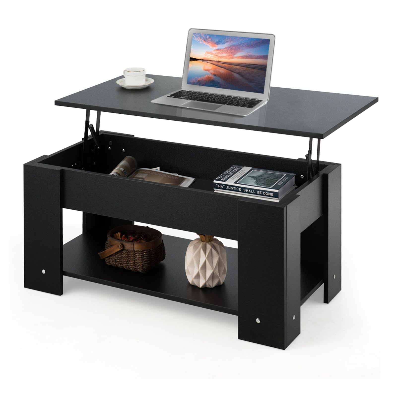 COSTWAY Modern Lift-Top Coffee Table with Hidden Storage Compartment, Wooden Living Room Sofa Table for Home & Office, 38.6'' x 29.1'' x 22'' (Black) - Perfect for Small Spaces, TV Snacking & Remote Storage