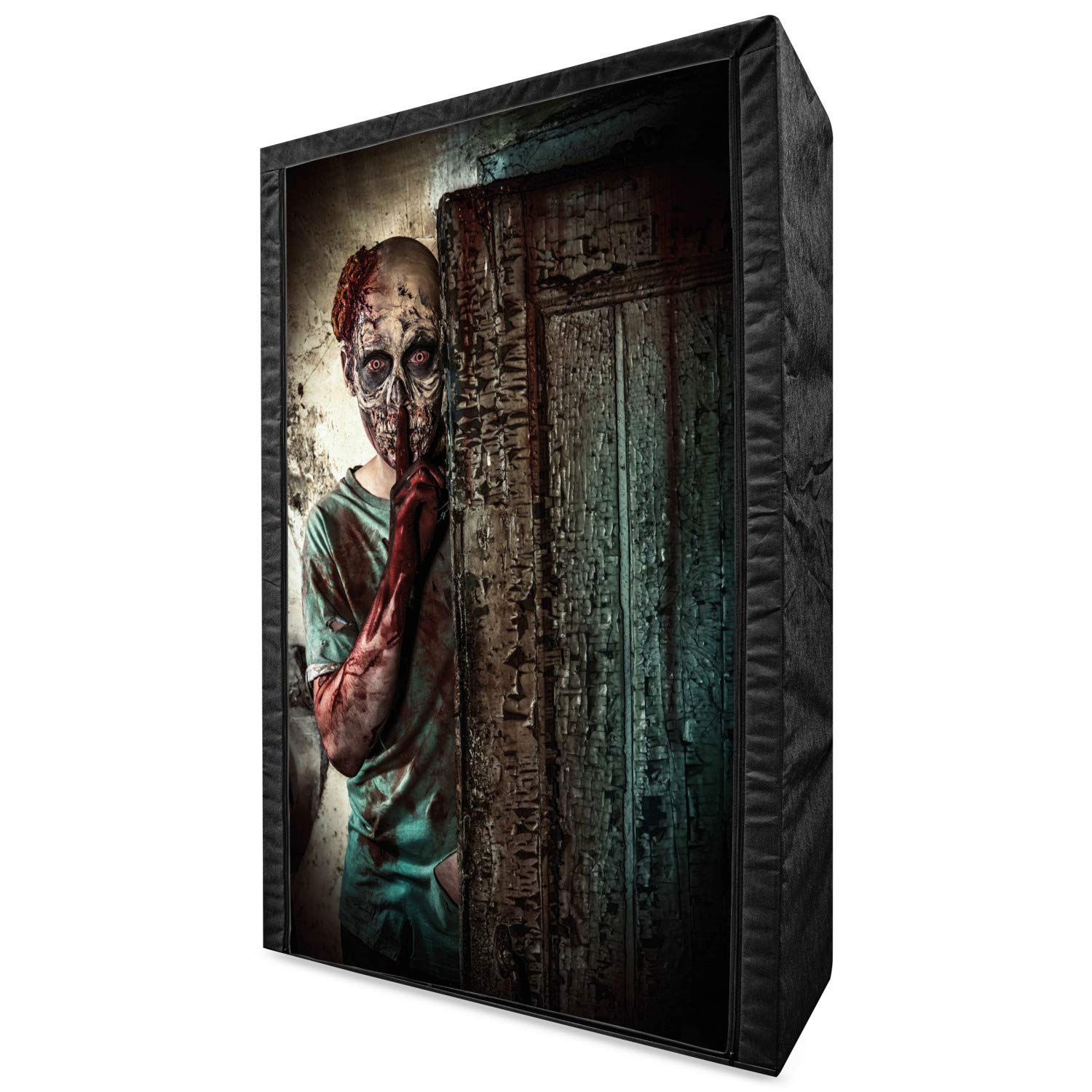 Ambesonne Zombie Fabric Wardrobe - Gothic Monster Print Clothing Organizer with Shelves, 42.5 Inch Portable Closet in Umber Teal Tan | Horror Decor for Bedroom, Halloween Costume Storage & Gothic Home Decor