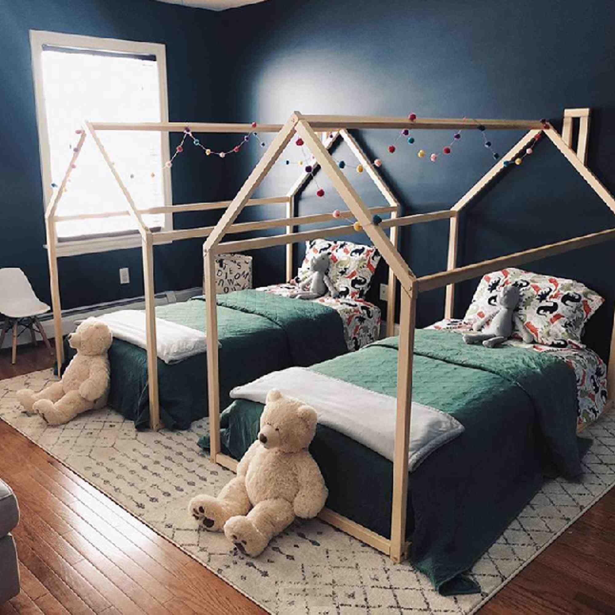 **Toddler Bed Frame - Wooden House Design Floor Bed with Twin Size Mattress Slats (39