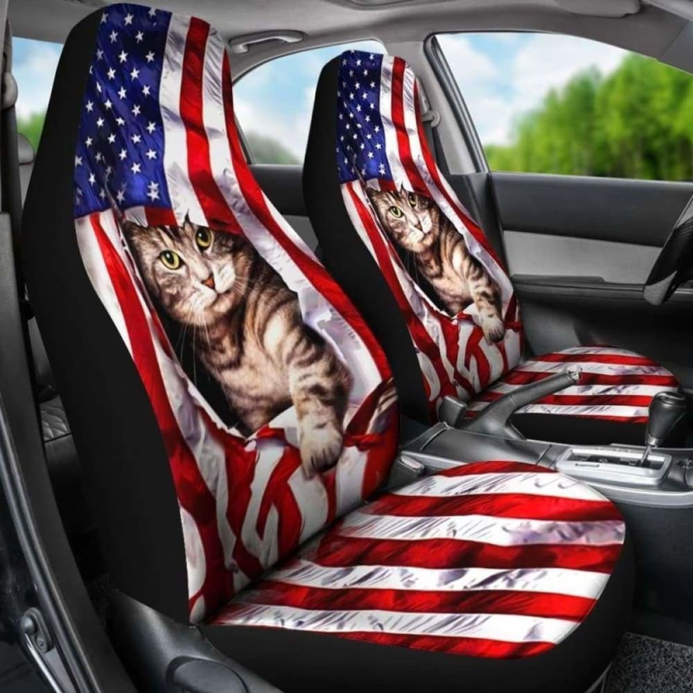 American Flag & Cat Print Car Seat Covers - Durable Universal Fit for Cars, Trucks & SUVs - Perfect for Patriotic Pet Lovers & Road Trips