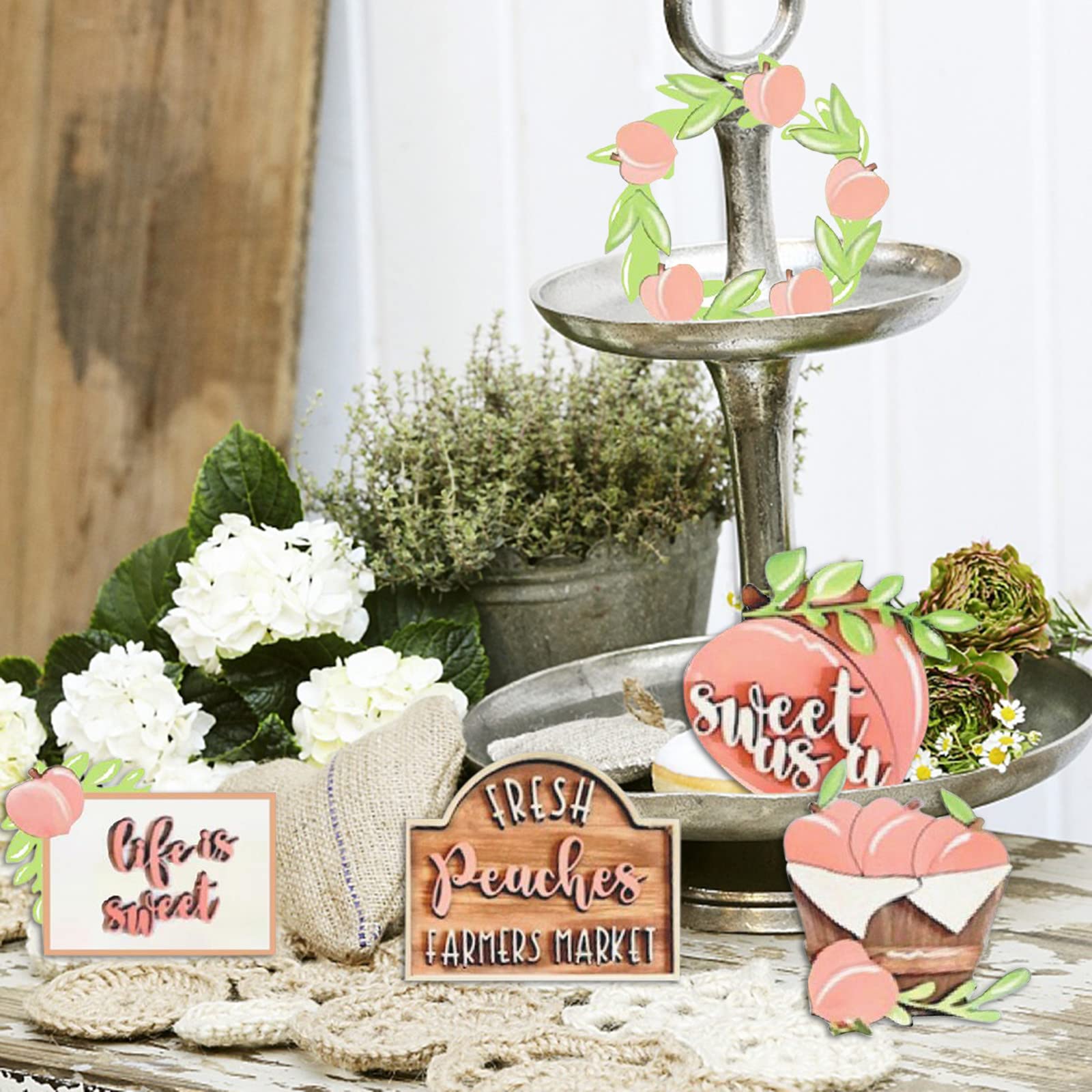 Summer Tiered Tray Decor Set - Beach Party & Farmhouse Wooden Sign Decorations (Peach) | Perfect for Coastal Themed Parties, Kitchen Countertop Display & Home Décor