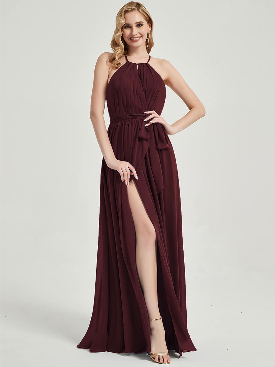 Elegant Burgundy Halter Neck Slit Wrap Chiffon Bridesmaid Dress - Floor Length Formal Gown for Weddings, Parties & Special Occasions