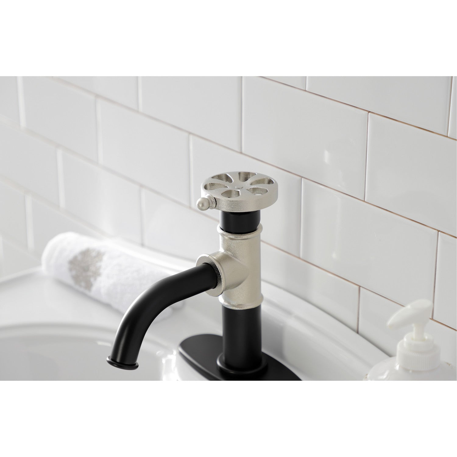 Belknap KSD2826RX Single Handle Bathroom Sink Faucet with Deck Plate & Push Pop-Up Drain - Matte Black/Polished Nickel Finish - Perfect for Modern Bathroom Renovations and Small Space Vanities