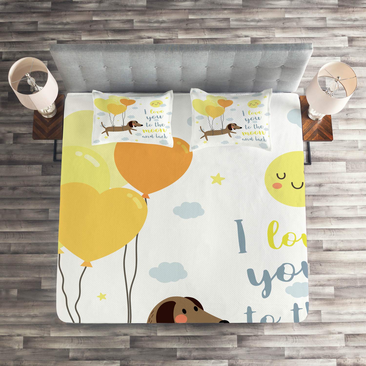 Ambesonne I Love You Quilt Set - King Size 3-Piece Bedspread with Dog Balloons, Hearts, Sun & Clouds Design, Blue Grey Yellow Cocoa - Perfect for Bedroom Decor, Gift for Dog Lovers, Cozy Home Accent