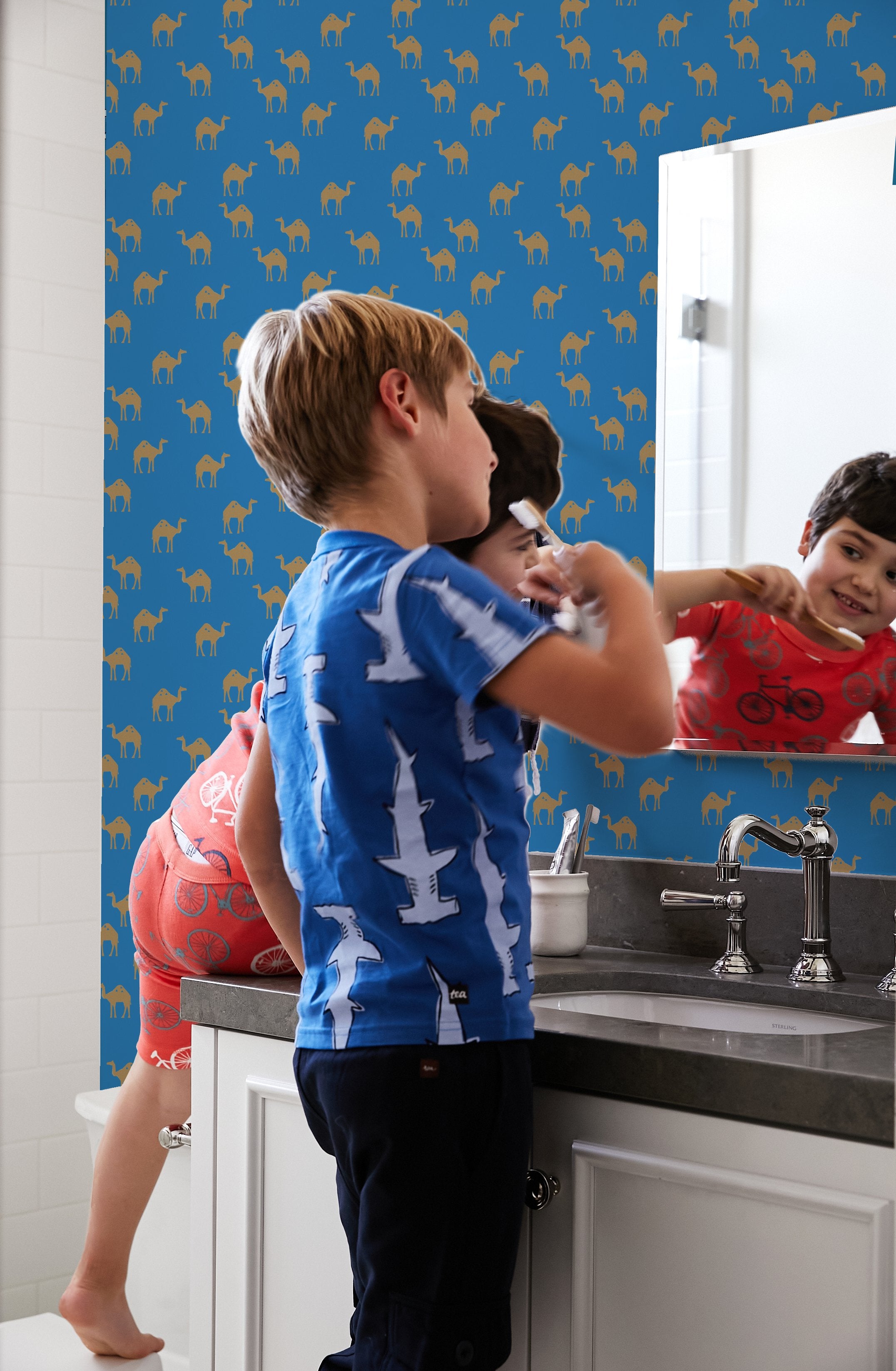 Oasis Camels Wallpaper by Tea Collection in Azure - Perfect for Nursery, Kids Room Decor and Boho Chic Home Styling