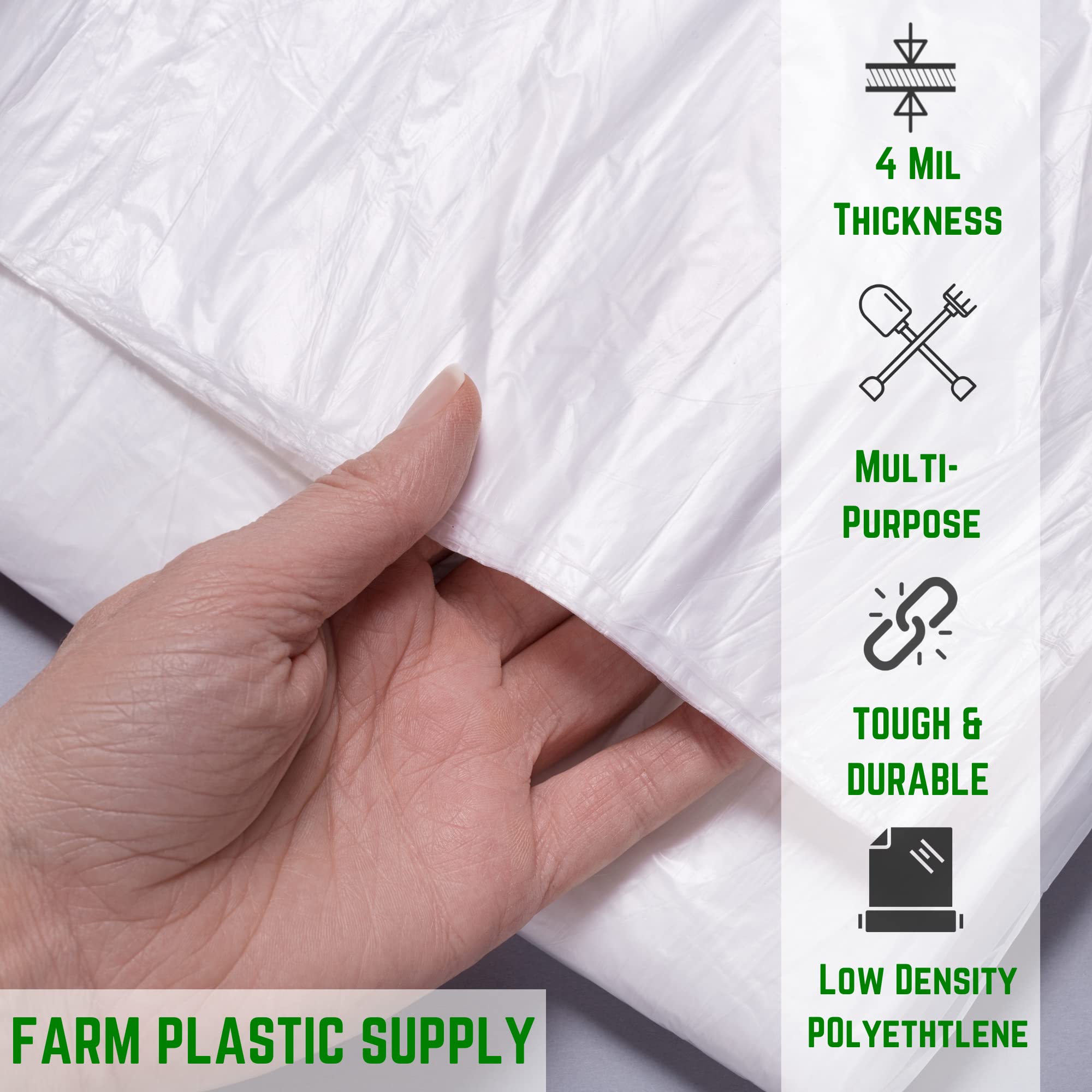 **4 Mil Clear Plastic Sheeting (32' x 100') – Heavy Duty Polyethylene Film for Crawl Space Vapor Barrier, Drop Cloth & Construction Cover – Farm Plastic Supply**    **Usage Scenarios:** Ideal for crawl space encapsulation, construction protection, greenhouse covers, and DIY projects.