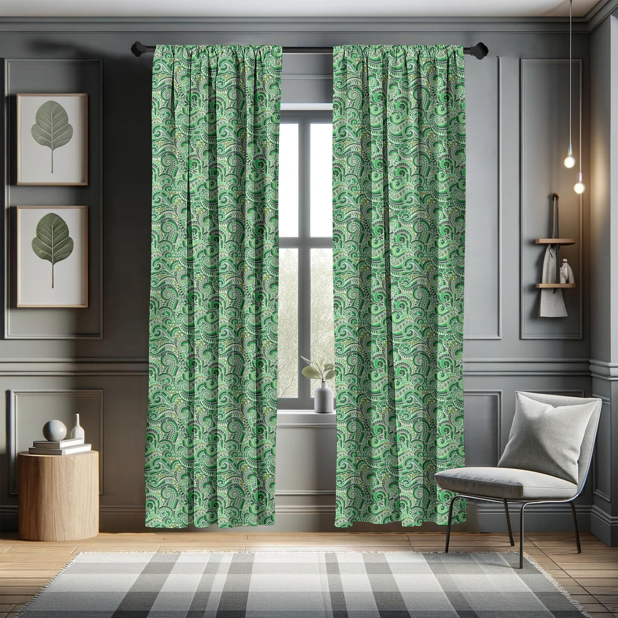 Ambesonne Floral Retro Window Curtains - Black & Green Swirl Design, Lightweight Rod Pocket Panels (28