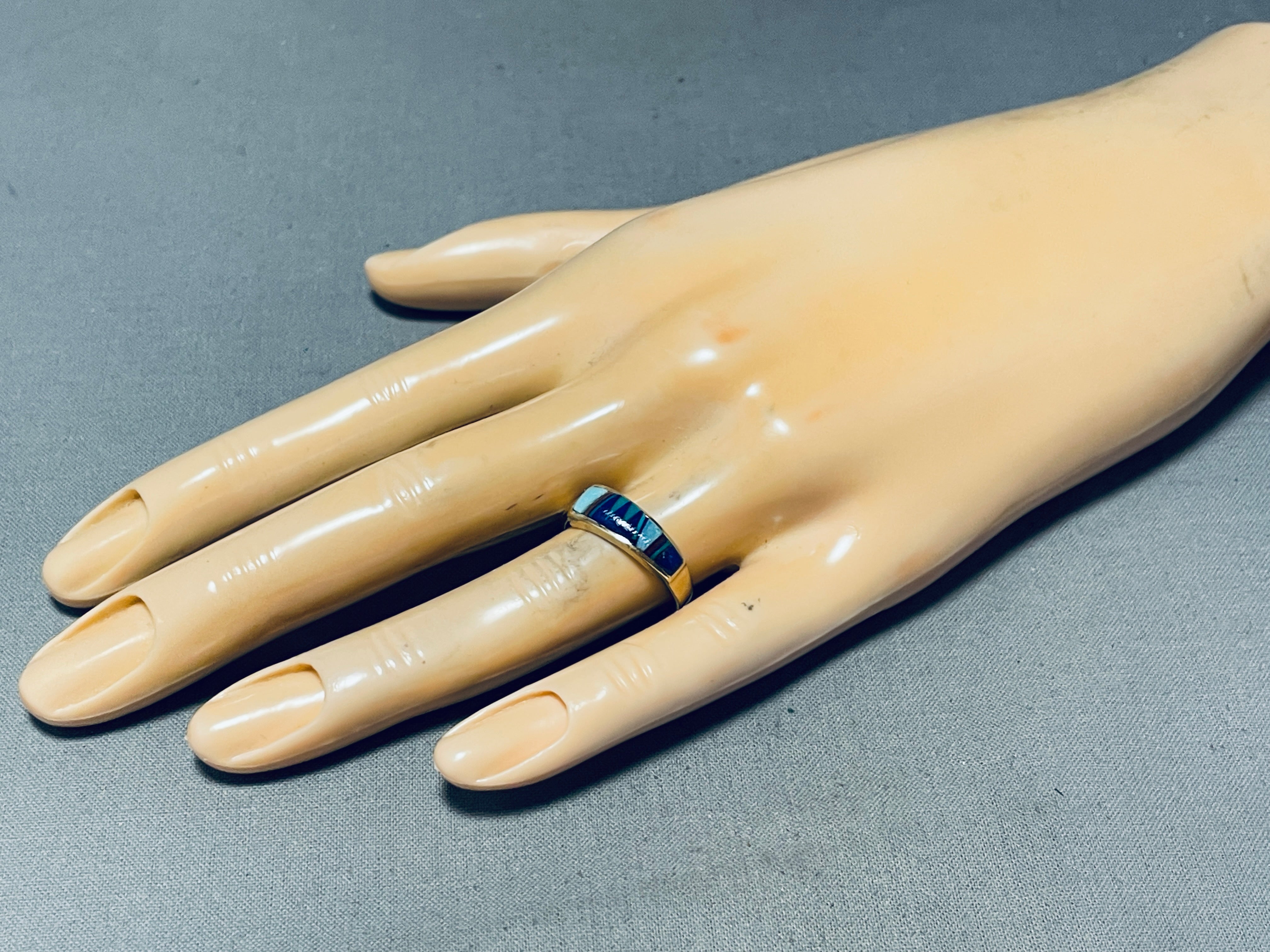 14K Gold Vintage Native American Navajo Turquoise Inlay Ring - Size 7.5, Handmade Southwest Jewelry for Women, Perfect for Boho Fashion & Special Occasions