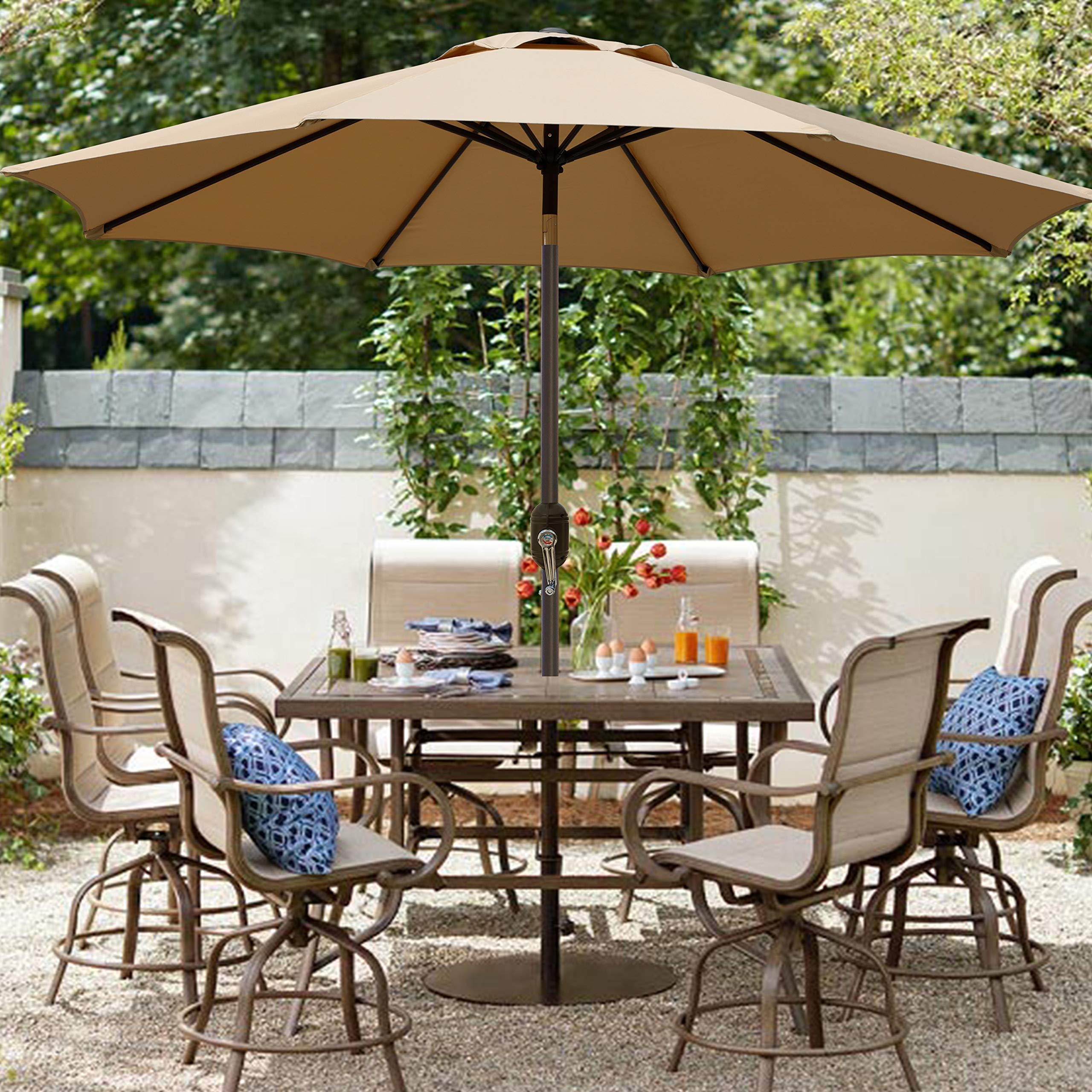 Blissun 9' Outdoor Patio Umbrella with 8 Sturdy Ribs - Push Button Tilt & Crank - Perfect for Garden, Backyard, Poolside, and Outdoor Dining