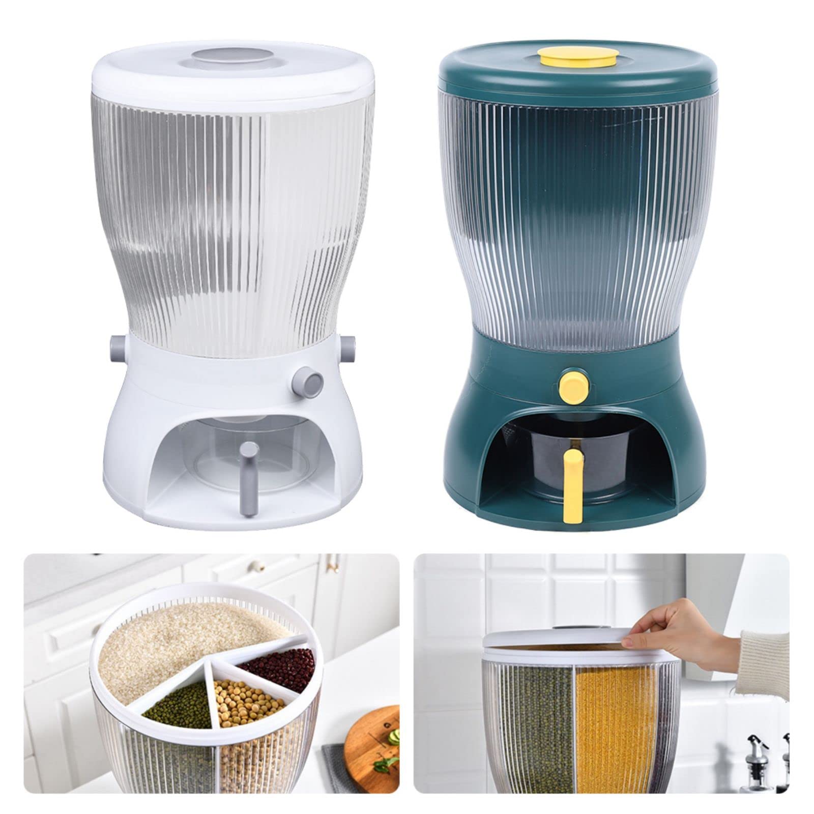 4-Grid Rotatable Rice Dispenser with Lid - Airtight Dry Food Storage Container for Rice, Grains & Dried Fruits - Perfect Kitchen Organization Solution for Pantry, Countertop & Meal Prep (White)